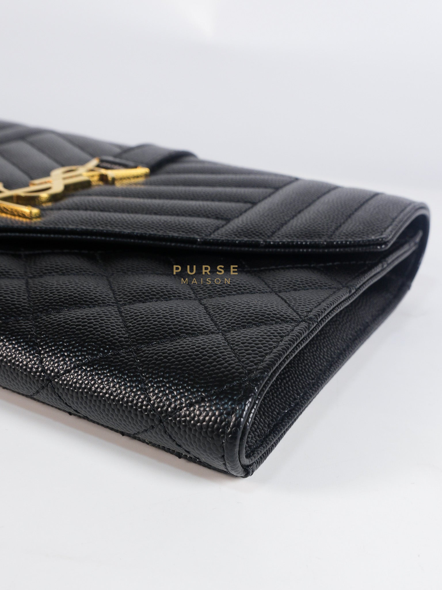 Envelope Flap Pouch in Black Mix Matelassé Grain De Poudre Leather & Gold Hardware | Purse Maison Luxury Bags Shop