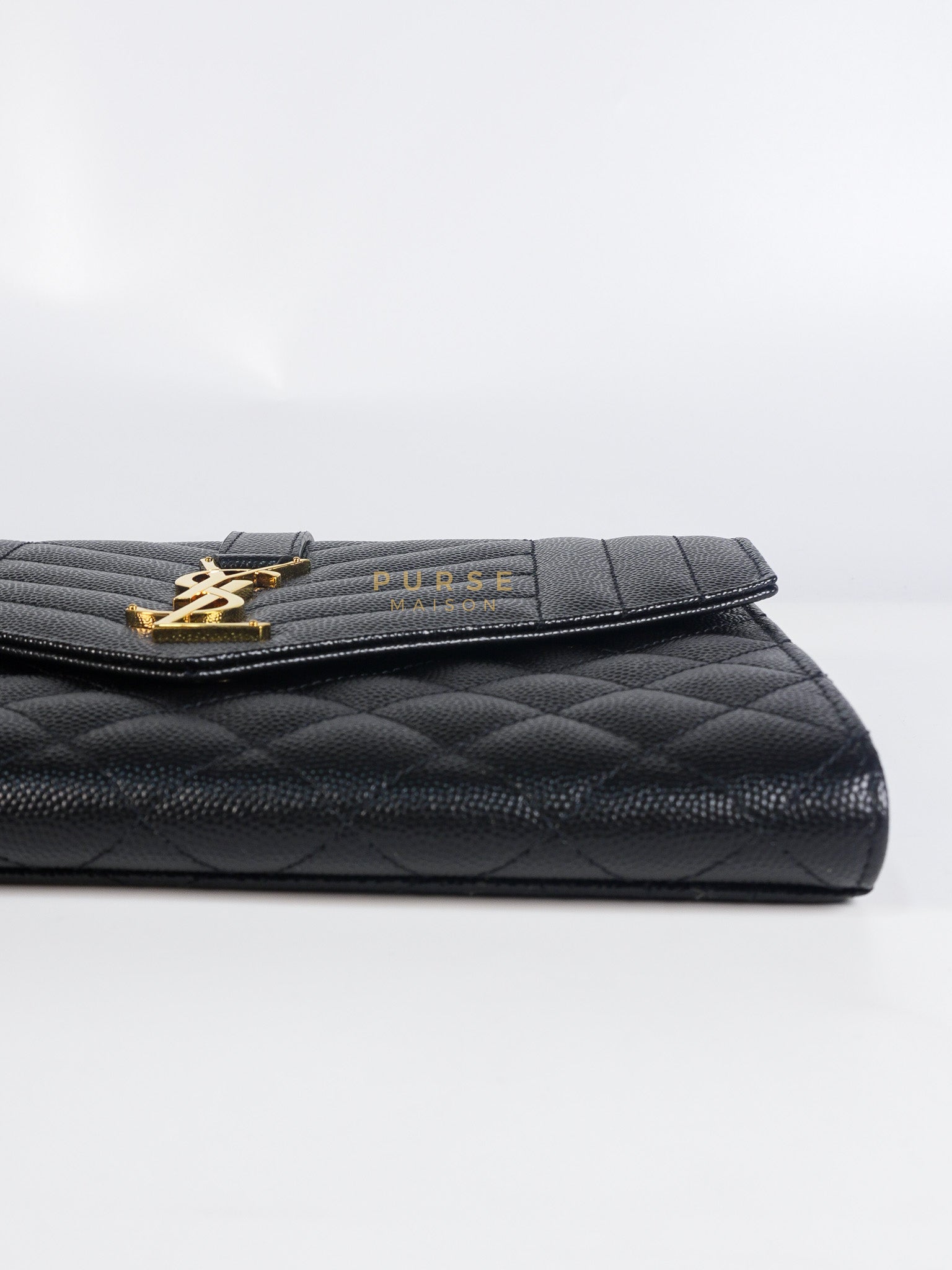 Envelope Flap Pouch in Black Mix Matelassé Grain De Poudre Leather & Gold Hardware | Purse Maison Luxury Bags Shop