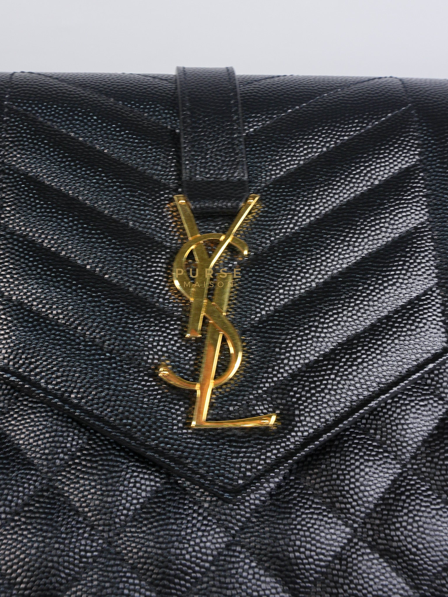 Envelope Flap Pouch in Black Mix Matelassé Grain De Poudre Leather & Gold Hardware | Purse Maison Luxury Bags Shop