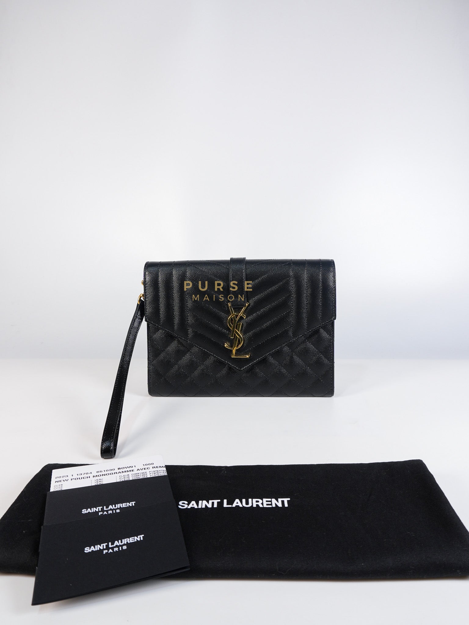 Envelope Flap Pouch in Black Mix Matelassé Grain De Poudre Leather & Gold Hardware | Purse Maison Luxury Bags Shop