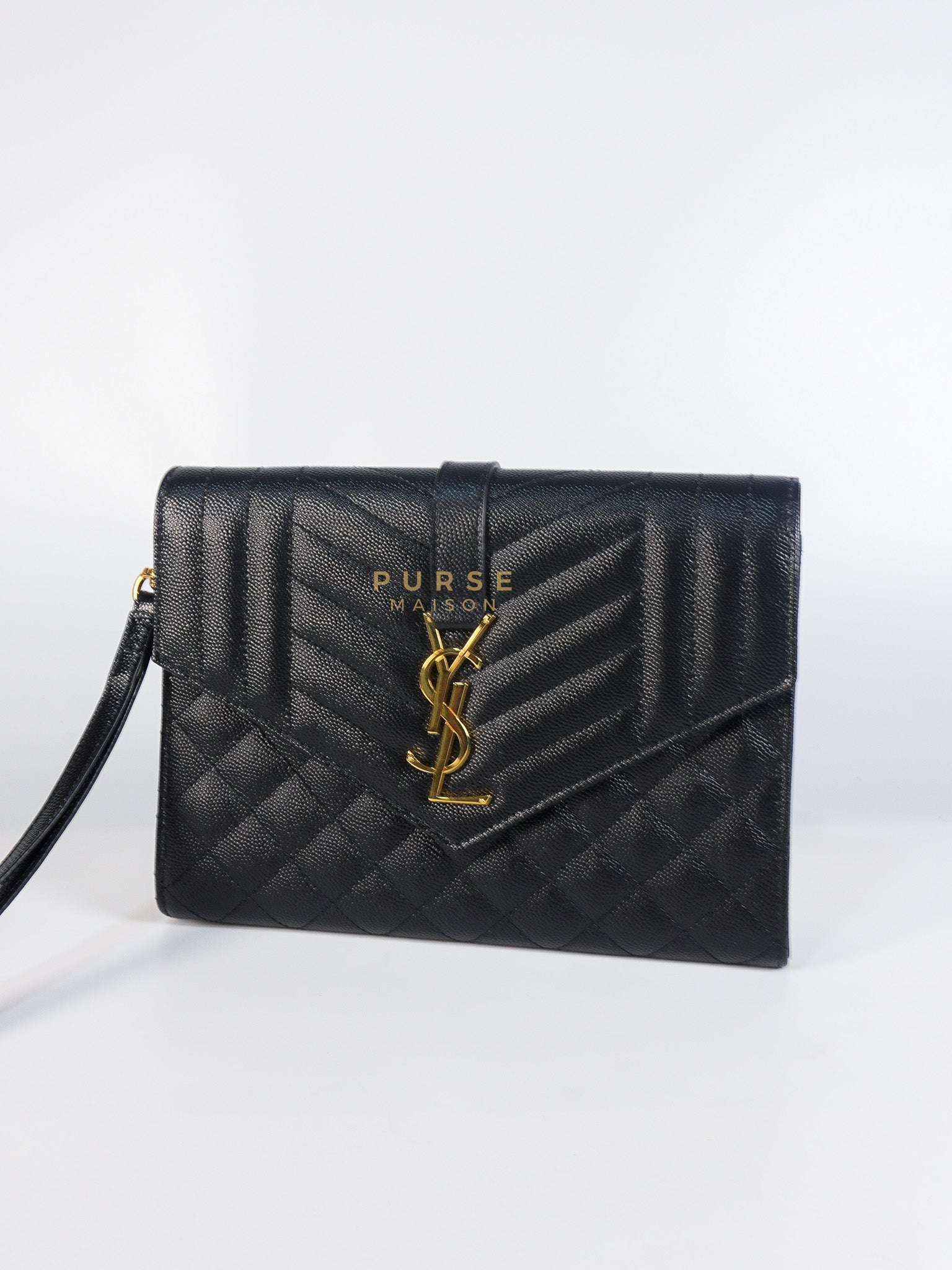 Envelope Flap Pouch in Black Mix Matelassé Grain De Poudre Leather & Gold Hardware | Purse Maison Luxury Bags Shop