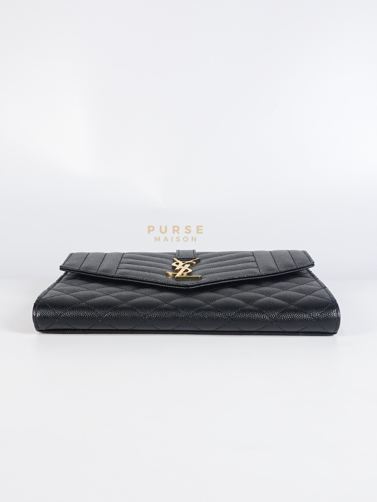 Envelope Flap Pouch in Black Mix Matelassé Grain De Poudre Leather & Gold Hardware | Purse Maison Luxury Bags Shop