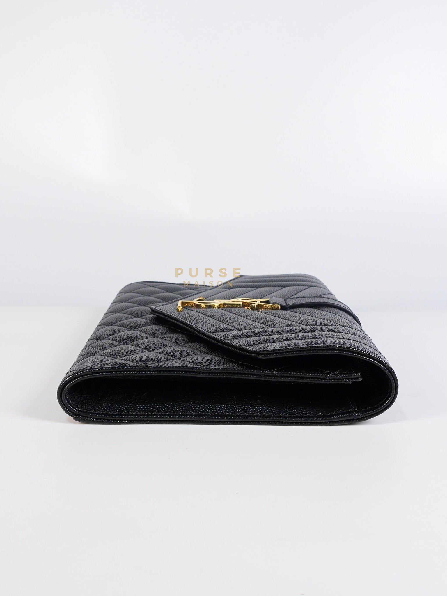 Envelope Flap Pouch in Black Mix Matelassé Grain De Poudre Leather & Gold Hardware | Purse Maison Luxury Bags Shop