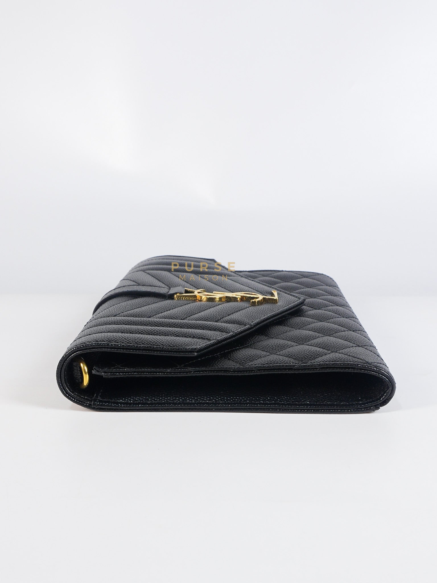 Envelope Flap Pouch in Black Mix Matelassé Grain De Poudre Leather & Gold Hardware | Purse Maison Luxury Bags Shop
