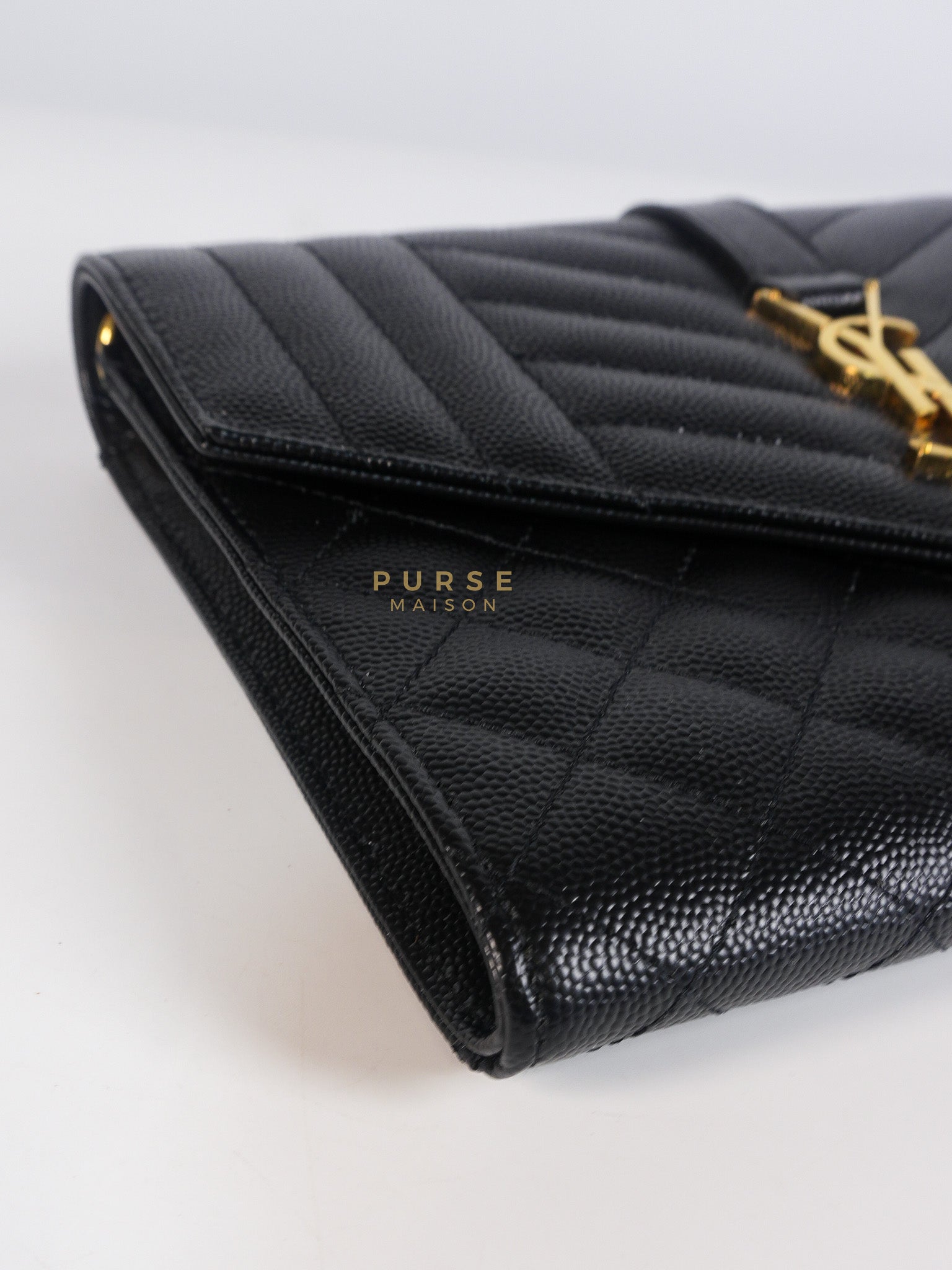 Envelope Flap Pouch in Black Mix Matelassé Grain De Poudre Leather & Gold Hardware | Purse Maison Luxury Bags Shop