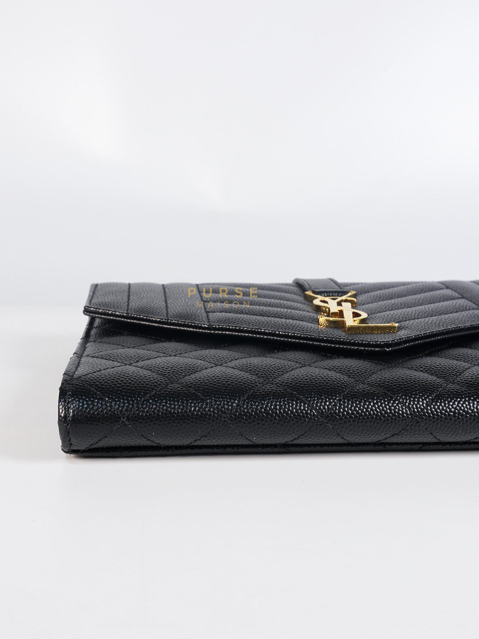 Envelope Flap Pouch in Black Mix Matelassé Grain De Poudre Leather & Gold Hardware | Purse Maison Luxury Bags Shop