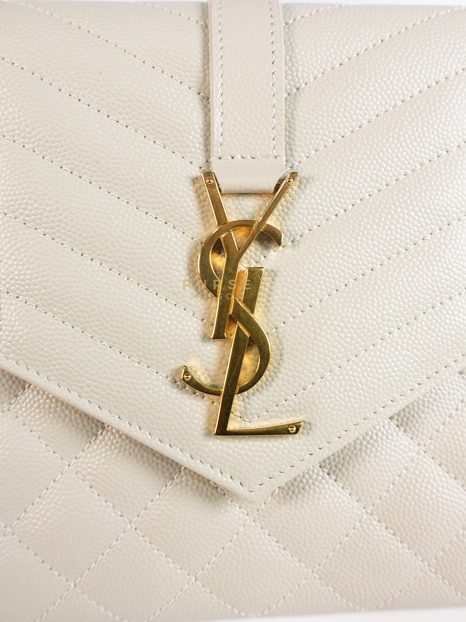 Envelope Flap Pouch in White Mix Matelassé Grain De Poudre Leather & Gold Hardware | Purse Maison Luxury Bags Shop
