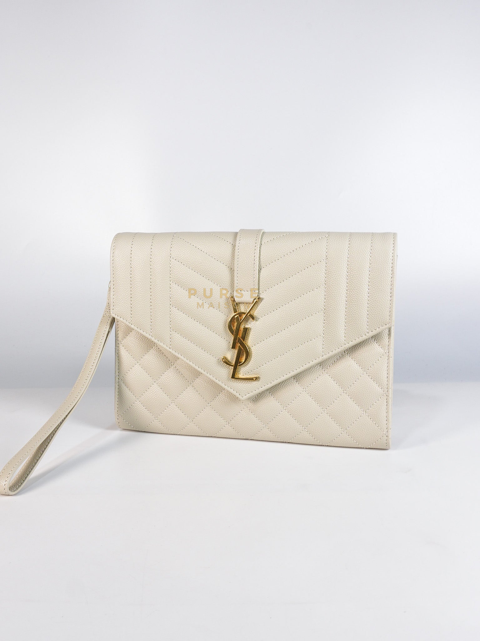 Envelope Flap Pouch in White Mix Matelassé Grain De Poudre Leather & Gold Hardware | Purse Maison Luxury Bags Shop
