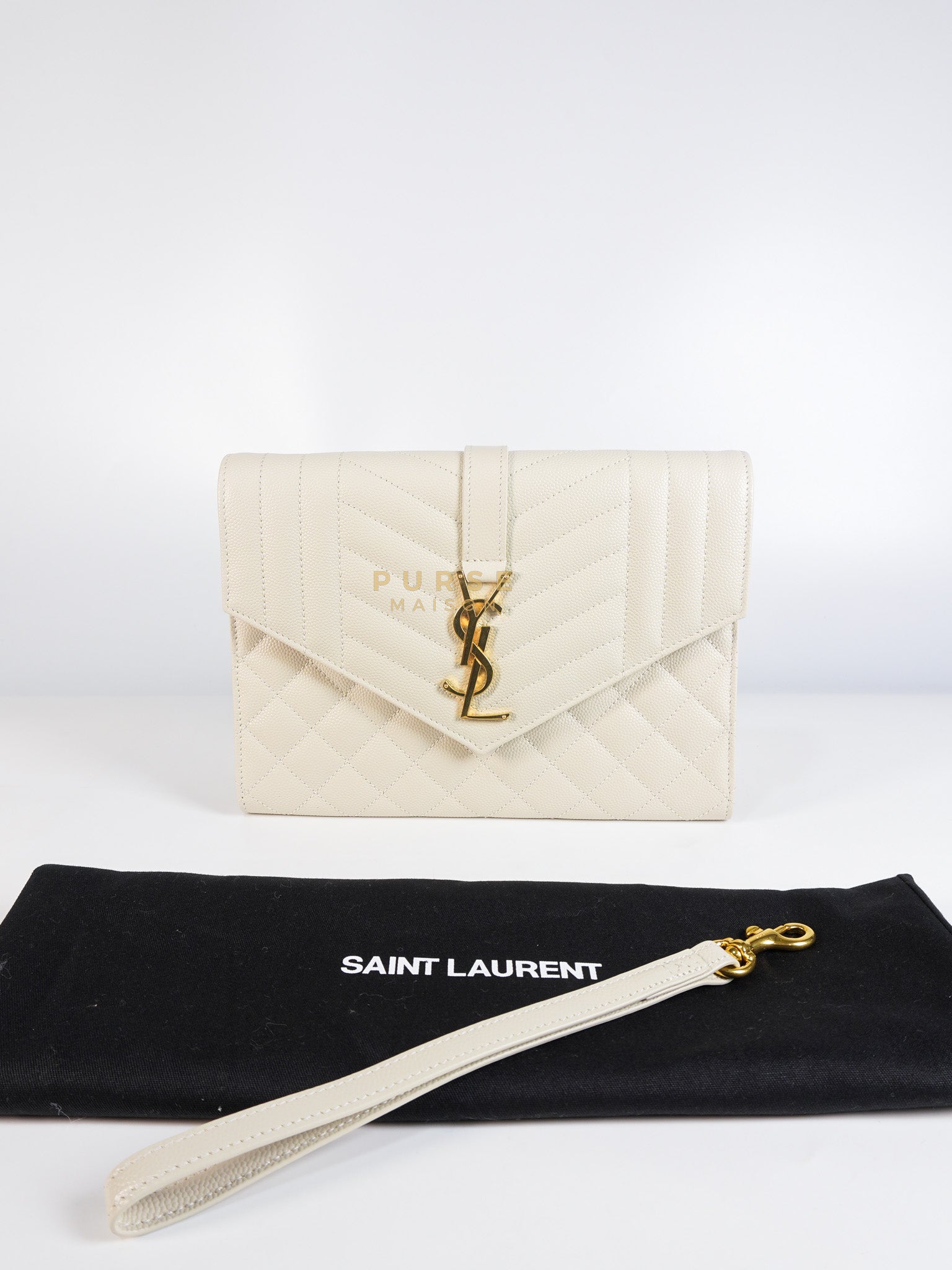 Envelope Flap Pouch in White Mix Matelassé Grain De Poudre Leather & Gold Hardware | Purse Maison Luxury Bags Shop