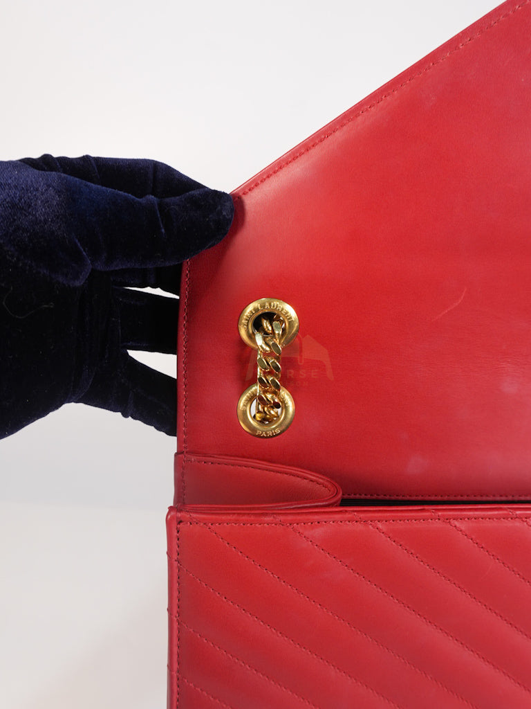 Envelope Large in Red Smooth Chevron Leather and Gold Hardware Shoulder Bag | Purse Maison Luxury Bags Shop
