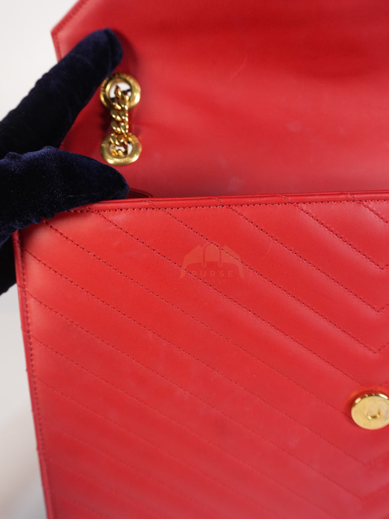 Envelope Large in Red Smooth Chevron Leather and Gold Hardware Shoulder Bag | Purse Maison Luxury Bags Shop