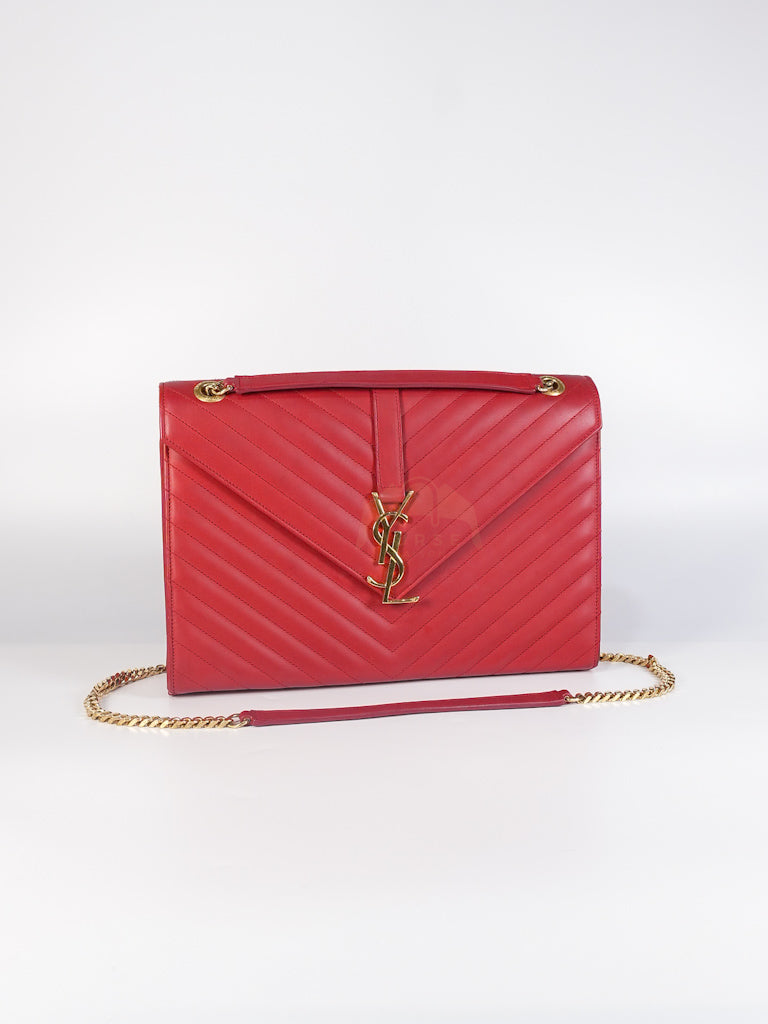 Envelope Large in Red Smooth Chevron Leather and Gold Hardware Shoulder Bag | Purse Maison Luxury Bags Shop