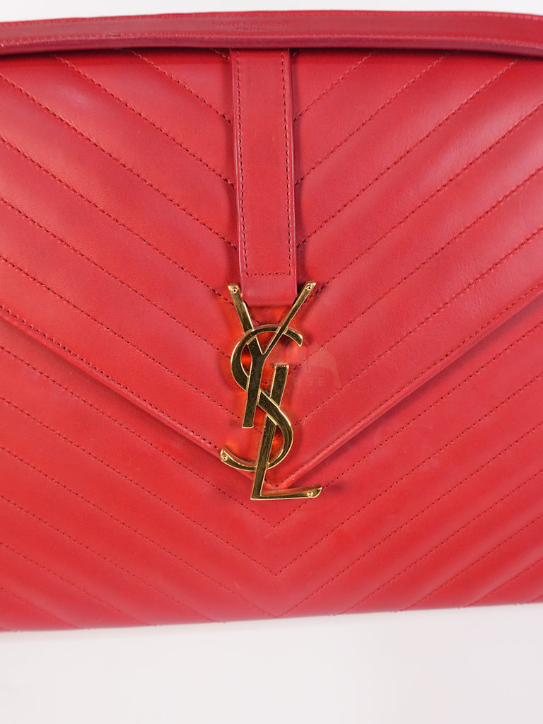 Envelope Large in Red Smooth Chevron Leather and Gold Hardware Shoulder Bag | Purse Maison Luxury Bags Shop