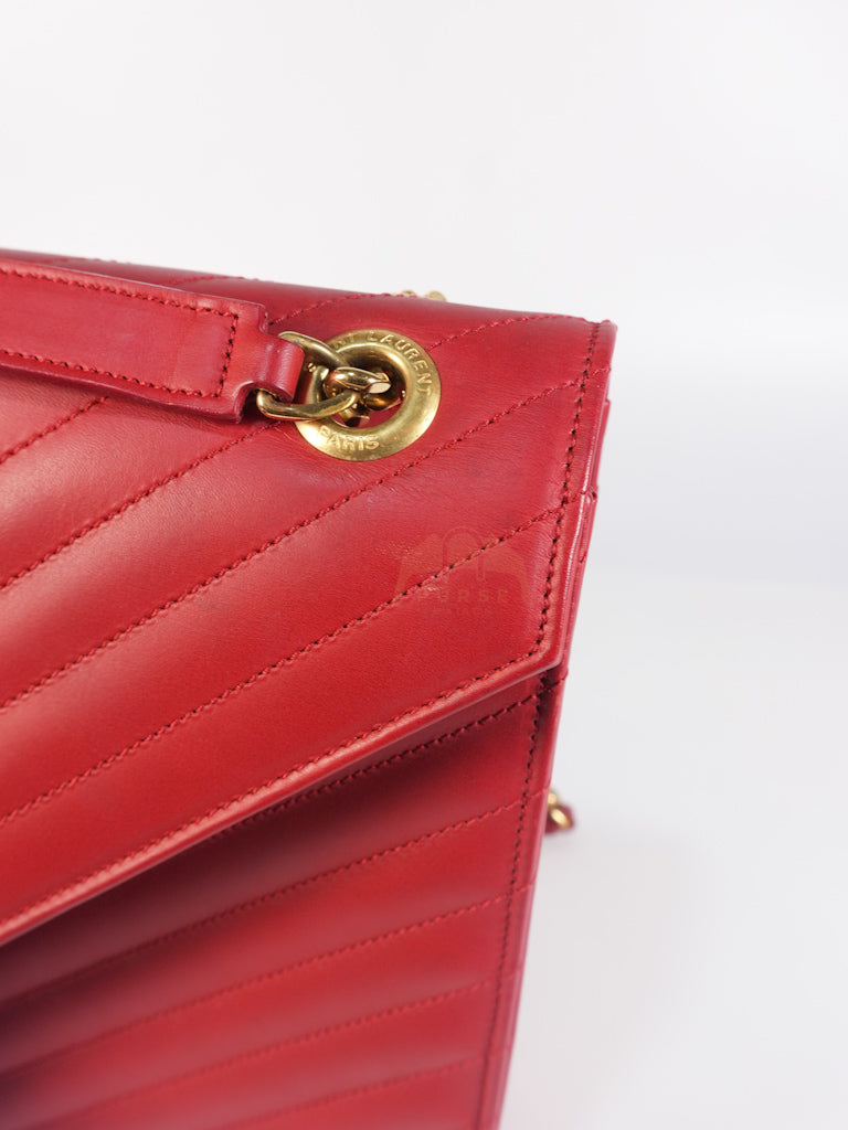 Envelope Large in Red Smooth Chevron Leather and Gold Hardware Shoulder Bag | Purse Maison Luxury Bags Shop