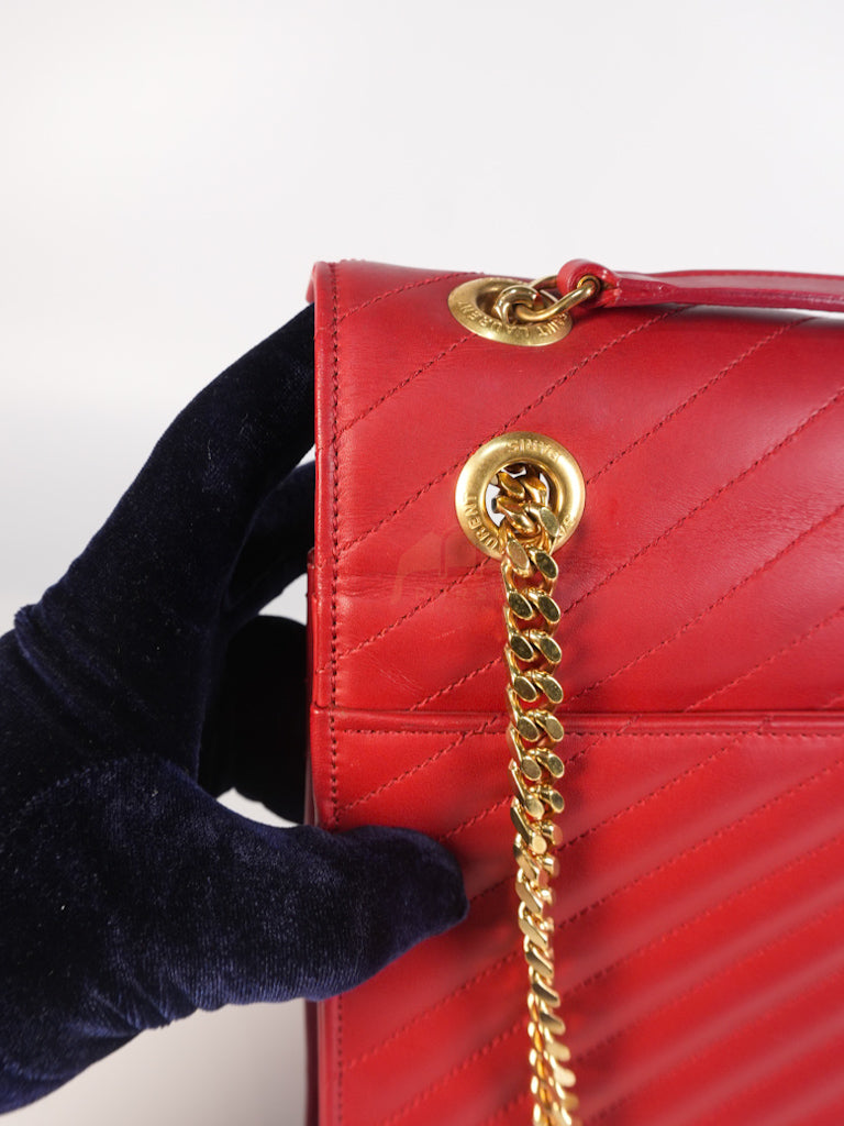 Envelope Large in Red Smooth Chevron Leather and Gold Hardware Shoulder Bag | Purse Maison Luxury Bags Shop