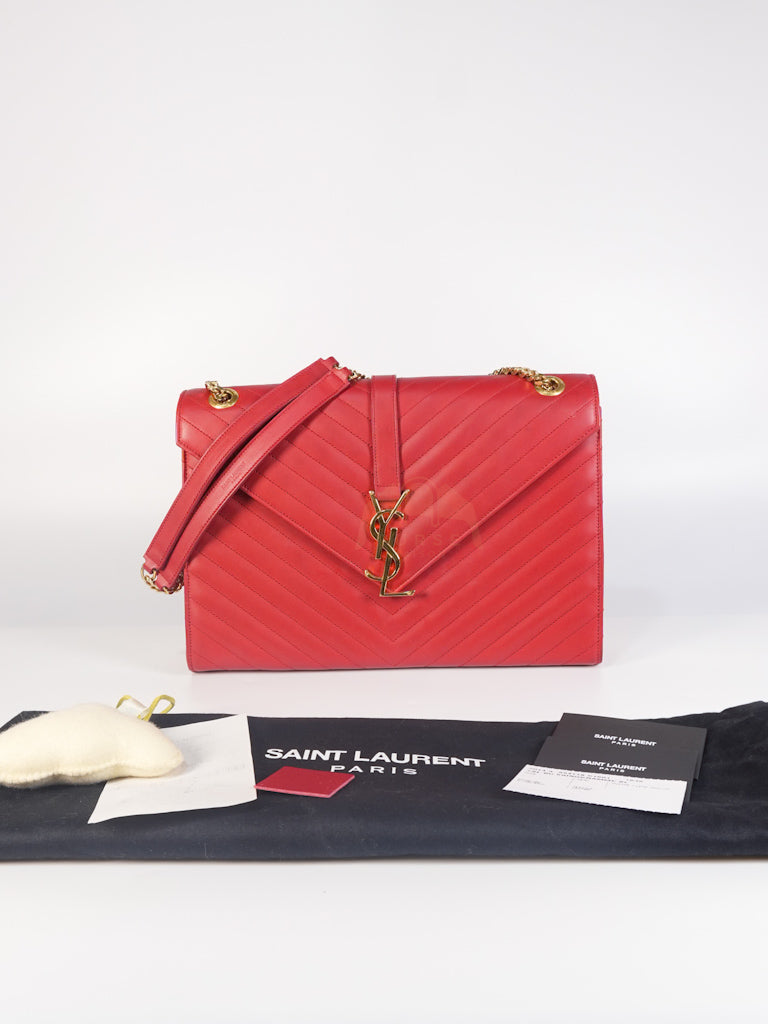 Envelope Large in Red Smooth Chevron Leather and Gold Hardware Shoulder Bag | Purse Maison Luxury Bags Shop