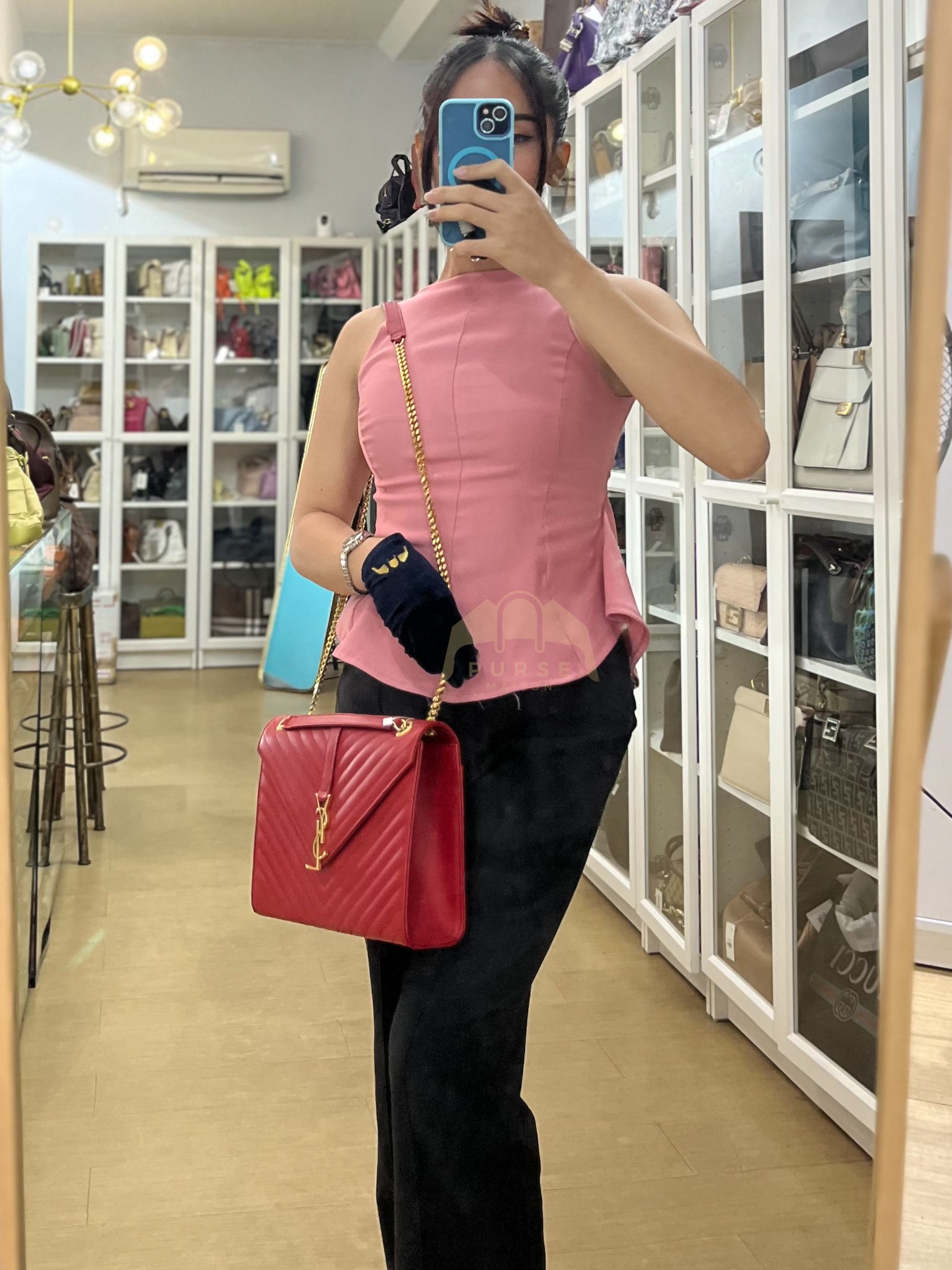 Envelope Large in Red Smooth Chevron Leather and Gold Hardware Shoulder Bag | Purse Maison Luxury Bags Shop