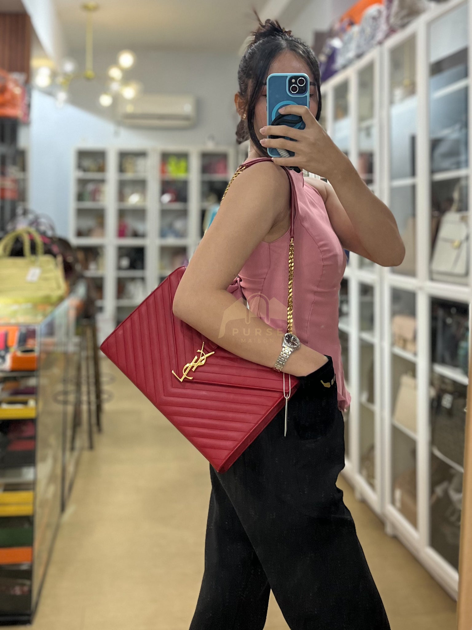 Envelope Large in Red Smooth Chevron Leather and Gold Hardware Shoulder Bag | Purse Maison Luxury Bags Shop