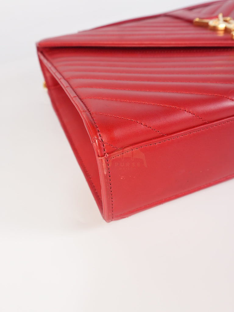 Envelope Large in Red Smooth Chevron Leather and Gold Hardware Shoulder Bag | Purse Maison Luxury Bags Shop