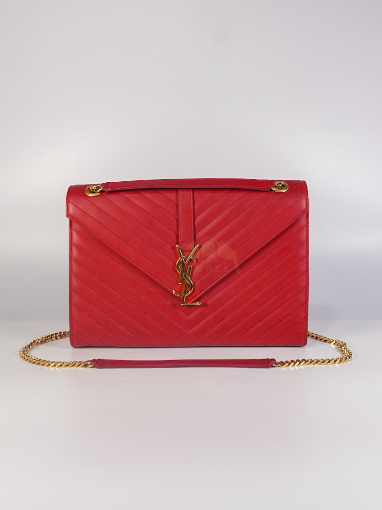 Envelope Large in Red Smooth Chevron Leather and Gold Hardware Shoulder Bag | Purse Maison Luxury Bags Shop