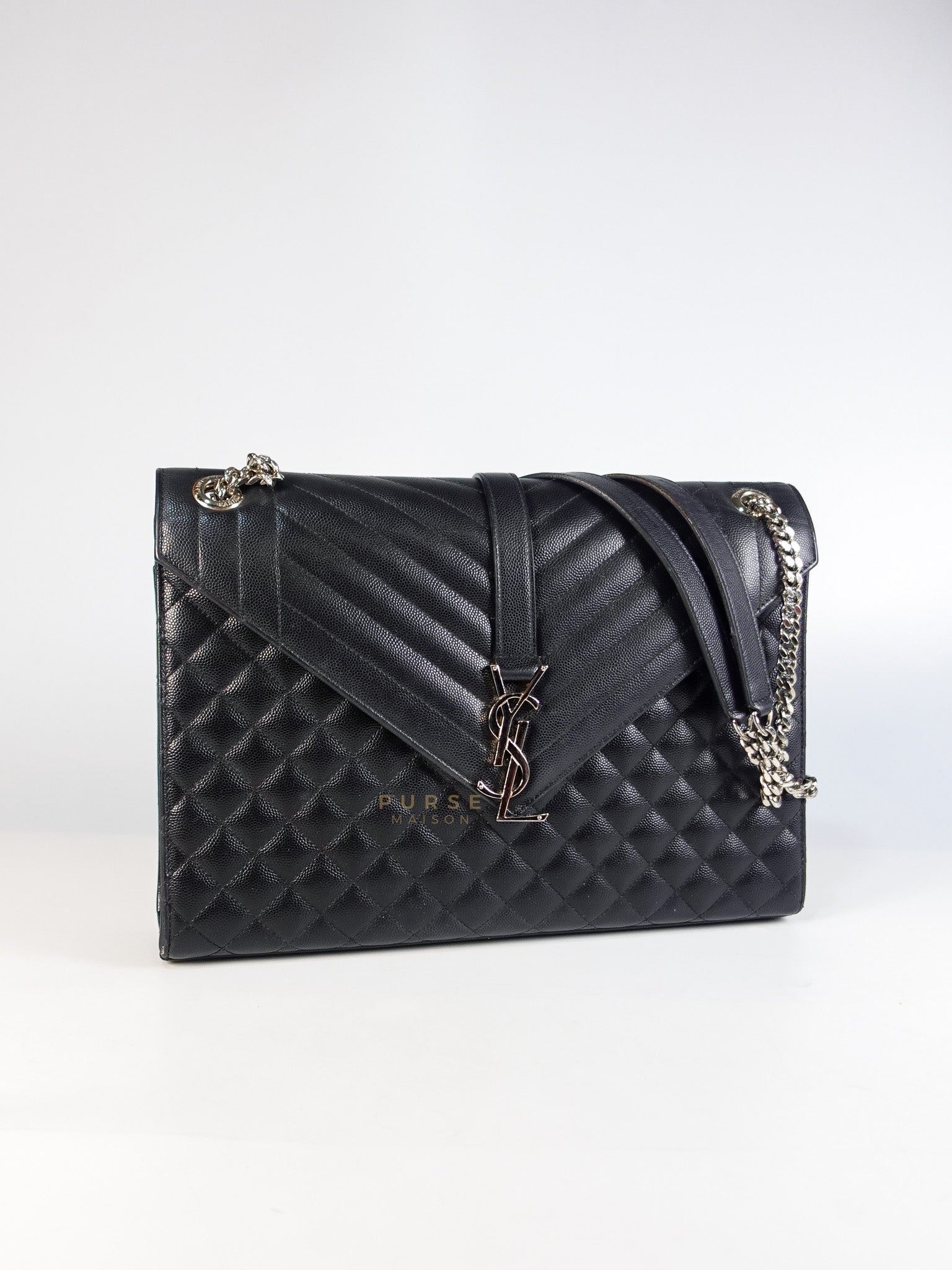 Envelope Large Shoulder Bag in Black Tri Quilted Grained Leather & Silver Hardware | Purse Maison Luxury Bags Shop