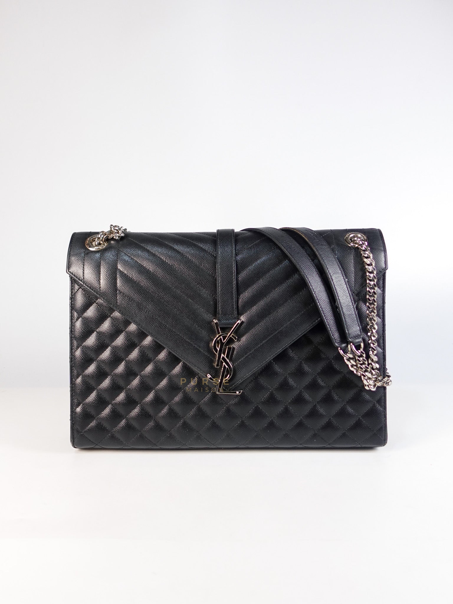 Envelope Large Shoulder Bag in Black Tri Quilted Grained Leather & Silver Hardware | Purse Maison Luxury Bags Shop