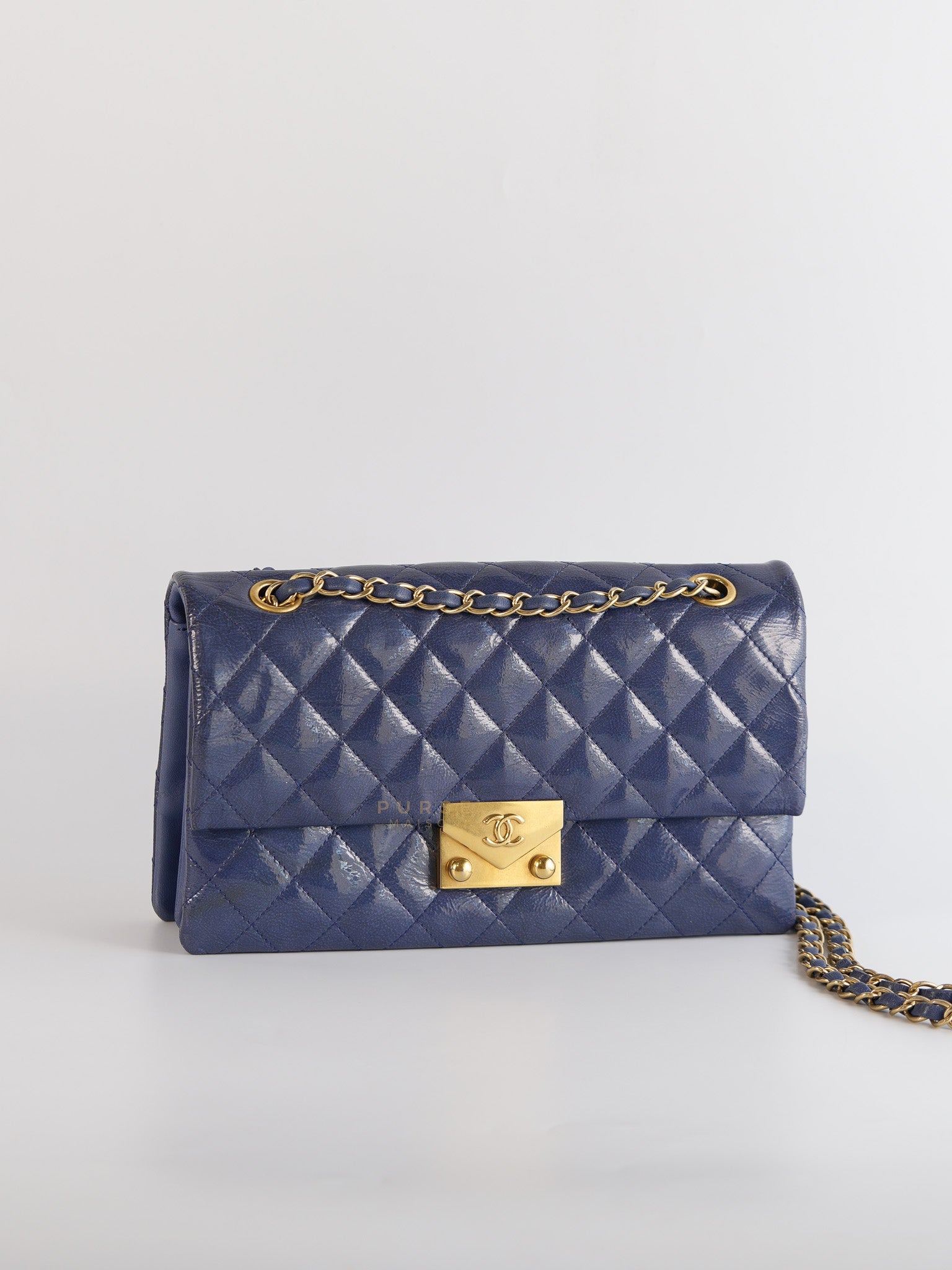 Envelope Lock 3 Small Quilted Patent Leather Bag In Blue Series 21 | Purse Maison Luxury Bags Shop