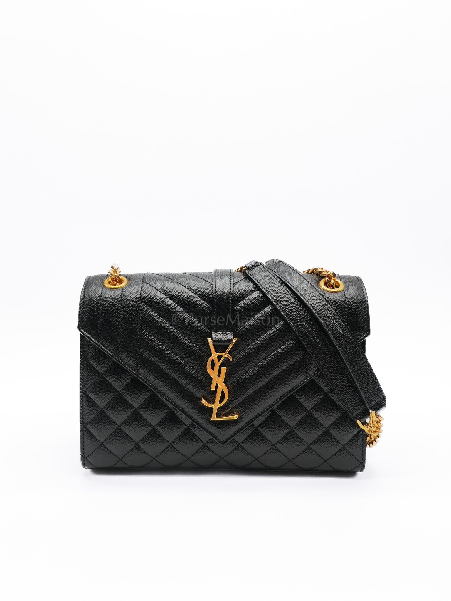 Envelope Medium in Quilted Grain De Poudre Black Gold Monogram Hardware | Purse Maison Luxury Bags Shop