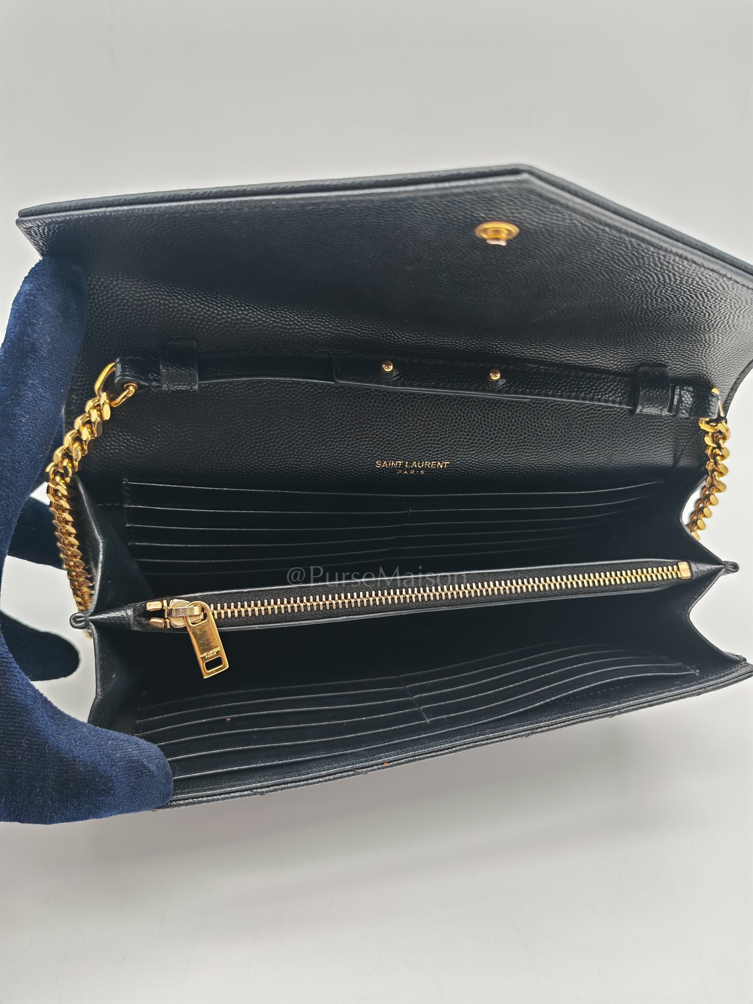 Envelope Wallet On Chain (WOC) in Black Chevre Leather Chain Bag | Purse Maison Luxury Bags Shop