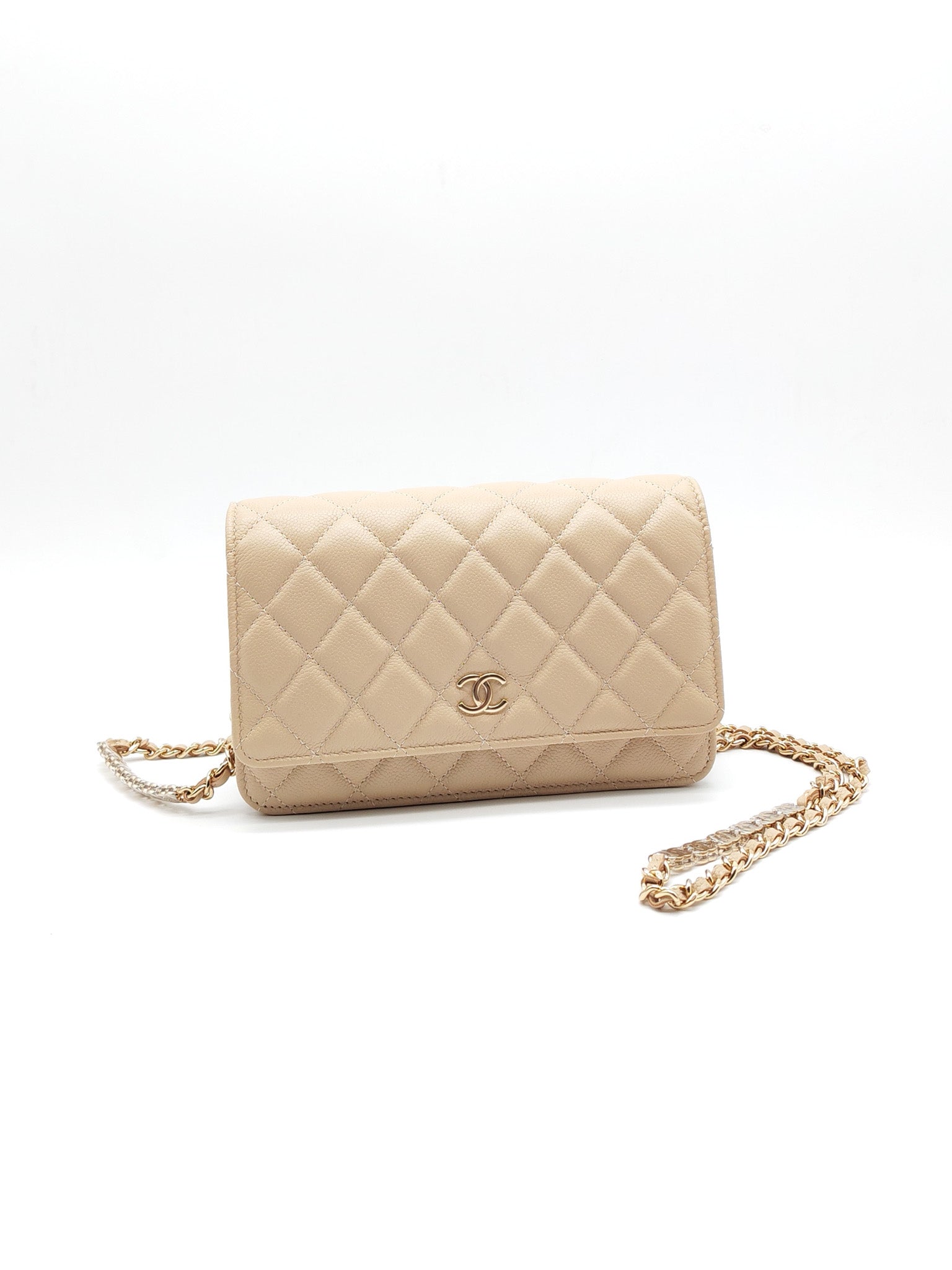 Wallet On Chain (WOC) in Beige Clair Quilted Caviar Leather and Gold Hardware Microchip