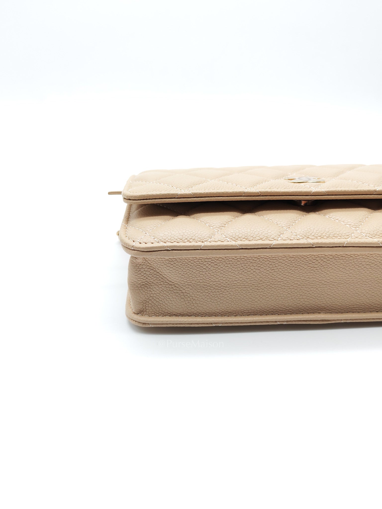 Wallet On Chain (WOC) in Beige Clair Quilted Caviar Leather and Gold Hardware Microchip