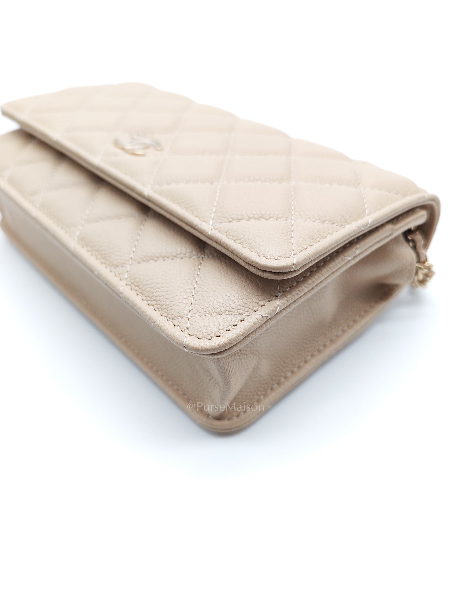Wallet On Chain (WOC) in Beige Clair Quilted Caviar Leather and Gold Hardware Microchip