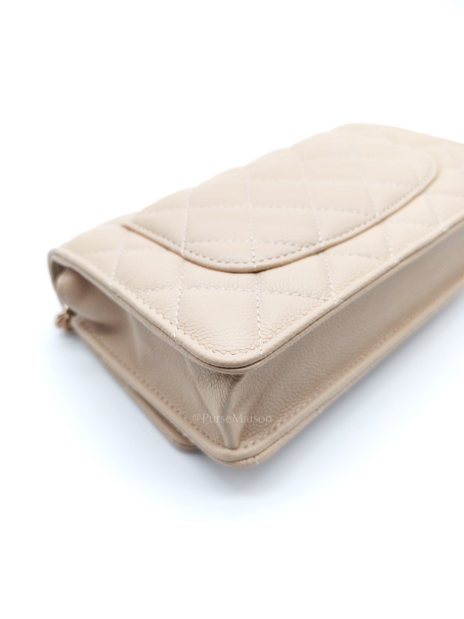 Wallet On Chain (WOC) in Beige Clair Quilted Caviar Leather and Gold Hardware Microchip