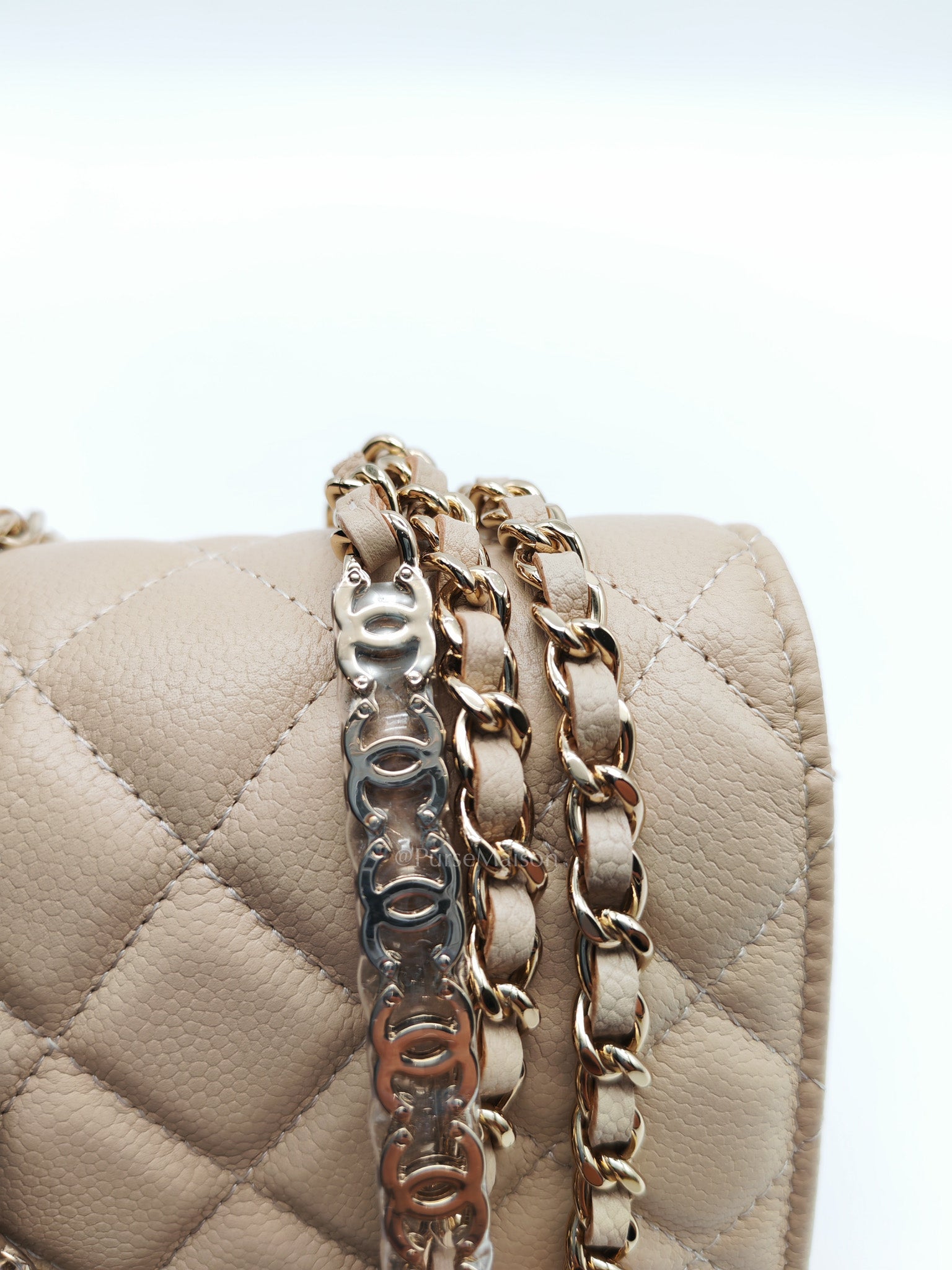 Wallet On Chain (WOC) in Beige Clair Quilted Caviar Leather and Gold Hardware Microchip