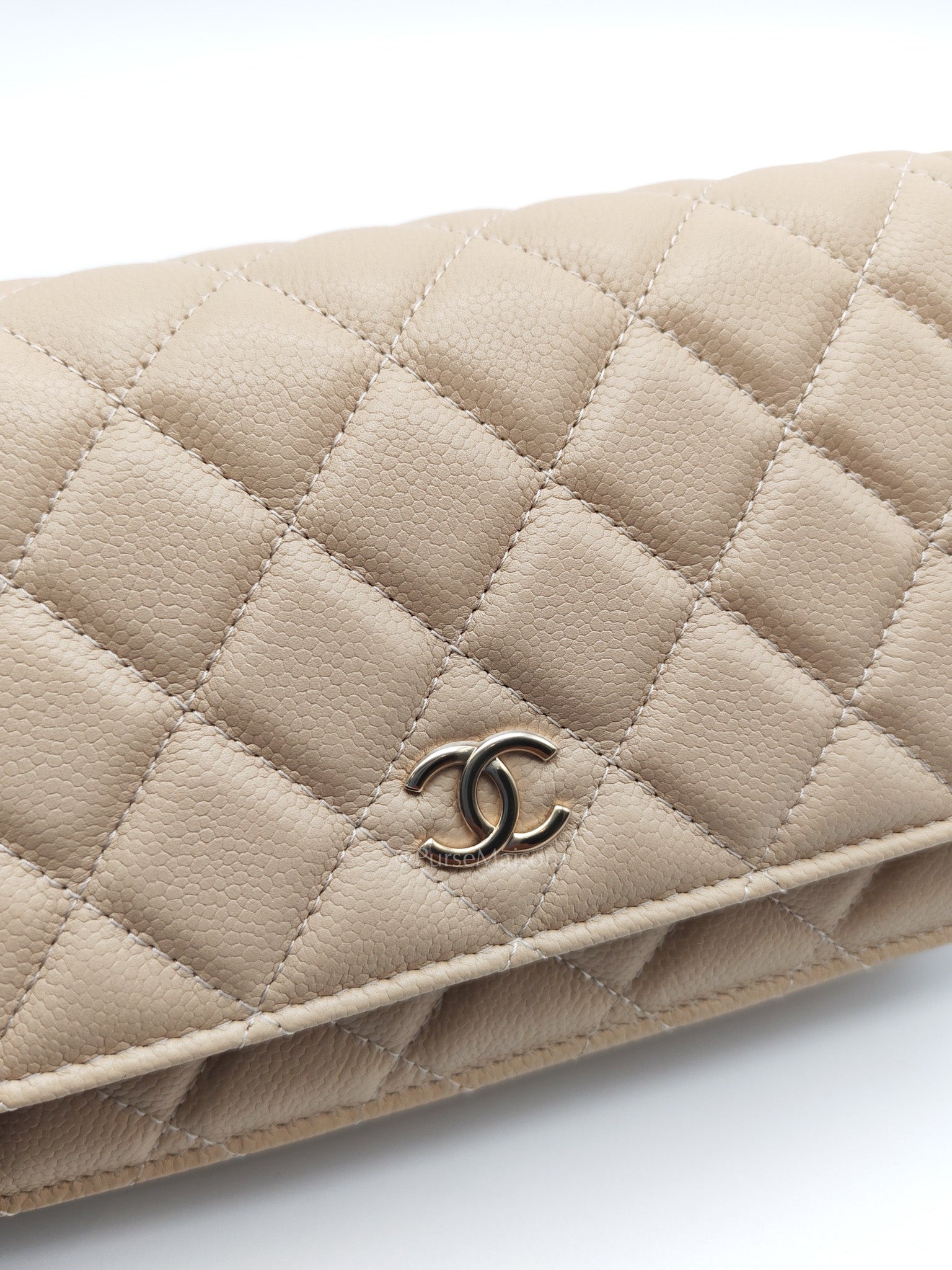 Wallet On Chain (WOC) in Beige Clair Quilted Caviar Leather and Gold Hardware Microchip