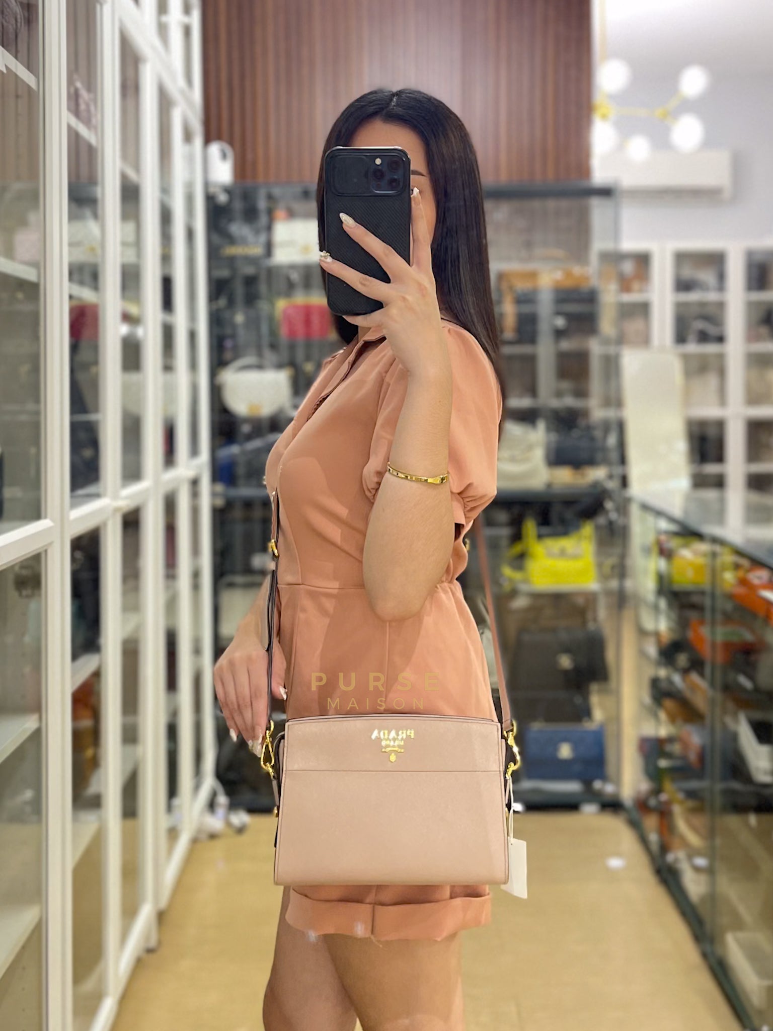 Esplanade Saffiano Leather Crossbody Bag in Nude | Purse Maison Luxury Bags Shop