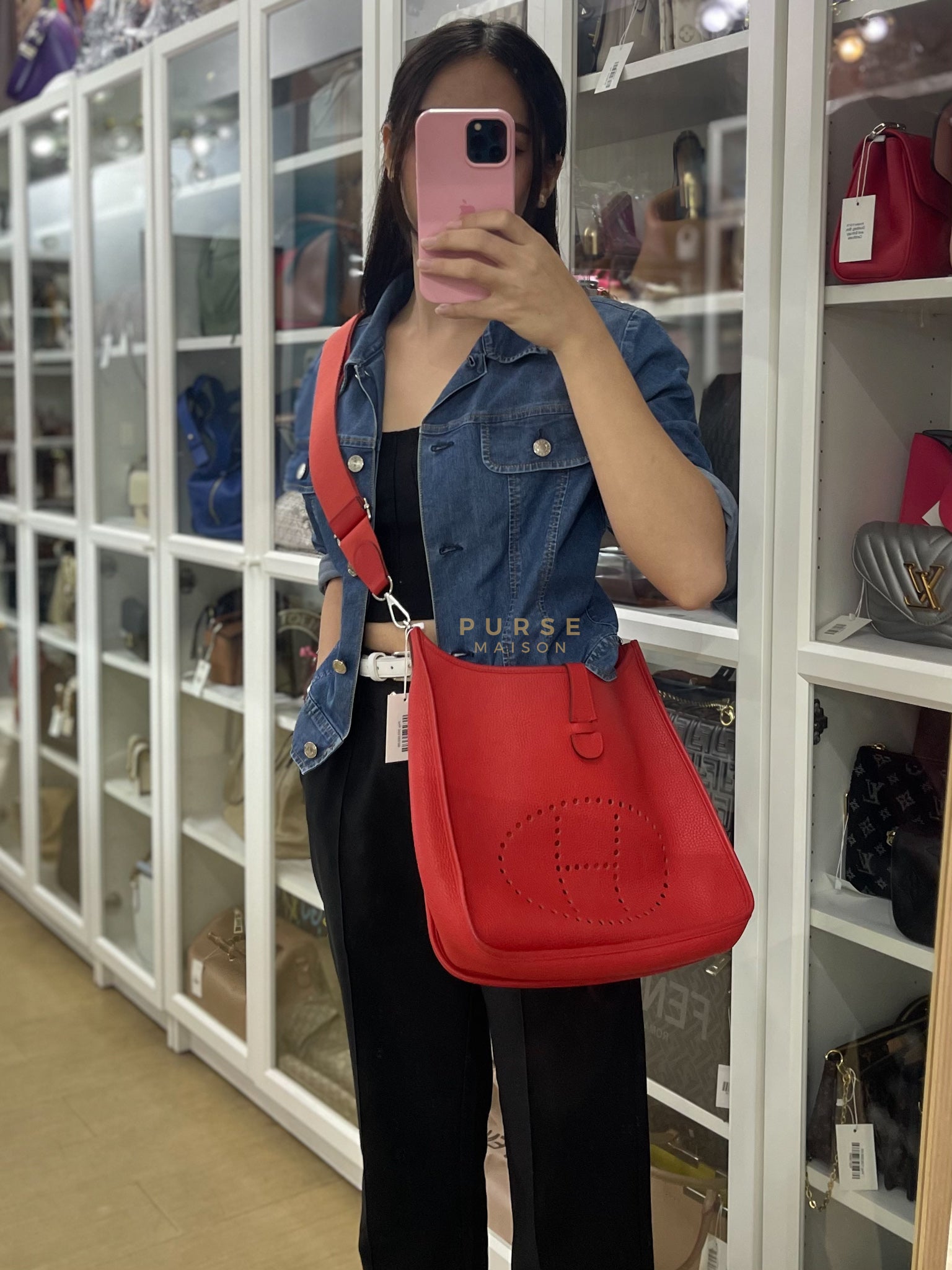 Evelyn GM in Red Clemence Palladium Hardware Stamp X(2017) | Purse Maison Luxury Bags Shop