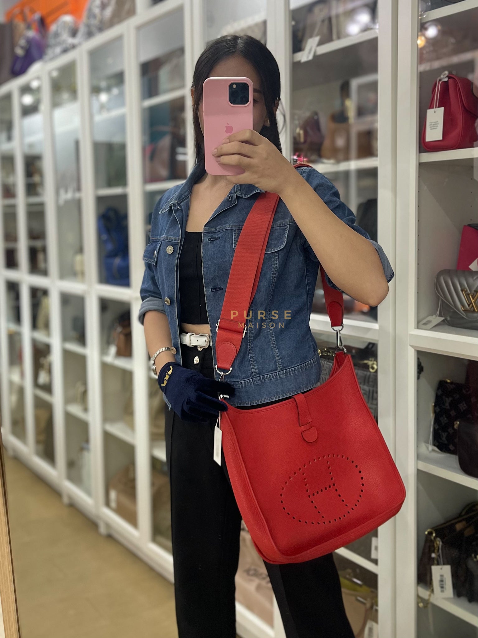 Evelyn GM in Red Clemence Palladium Hardware Stamp X(2017) | Purse Maison Luxury Bags Shop