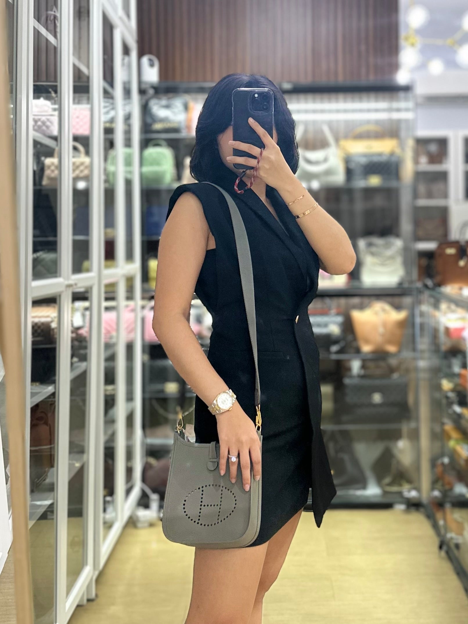 Hermes Evelyne TPM in Gris Meyer Clemence Leather and Gold Hardware Stamp W (2024)