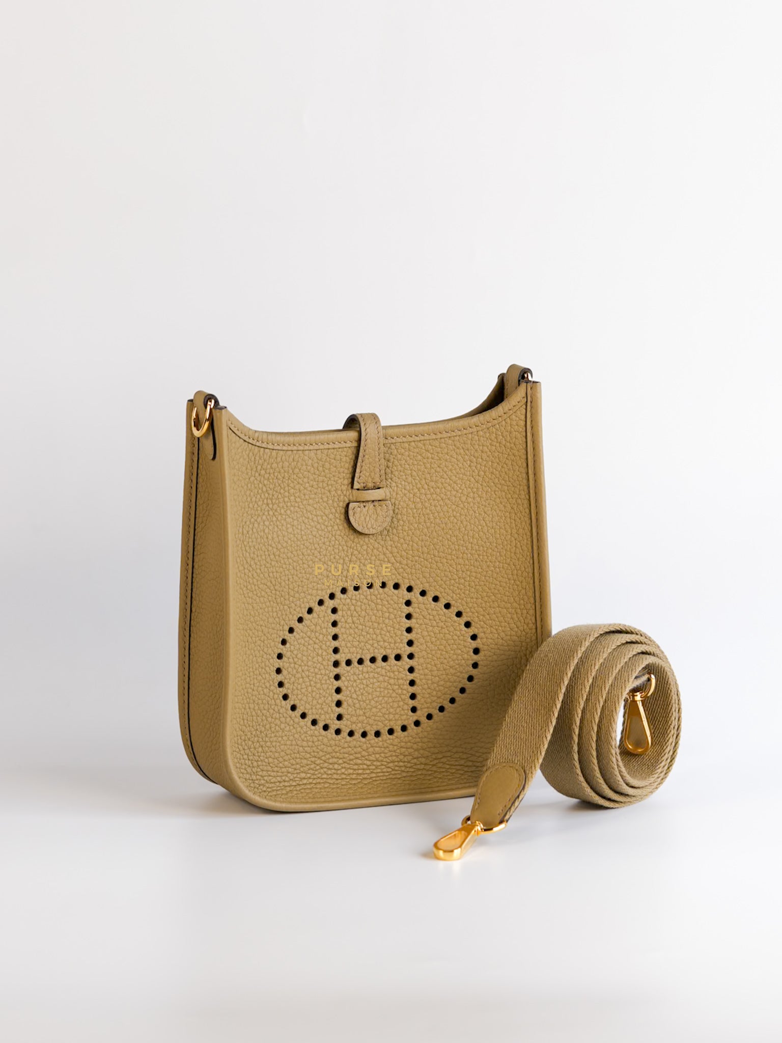 Evelyne 16 (TPM) in Beige Marfa Clemence Leather and Gold Hardware Stamp B (2023) | Purse Maison Luxury Bags Shop