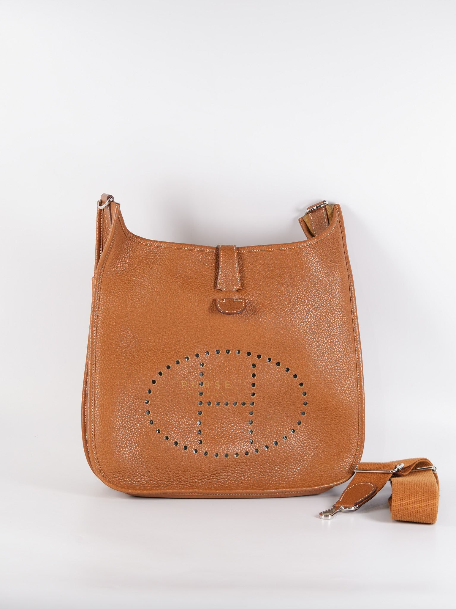 Evelyne GM in Gold Clemence Leather & Palladium Hardware Stamp Square H (2004) | Purse Maison Luxury Bags Shop