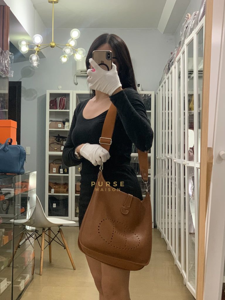 Evelyne GM in Gold Clemence Leather & Palladium Hardware Stamp Square H (2004) | Purse Maison Luxury Bags Shop