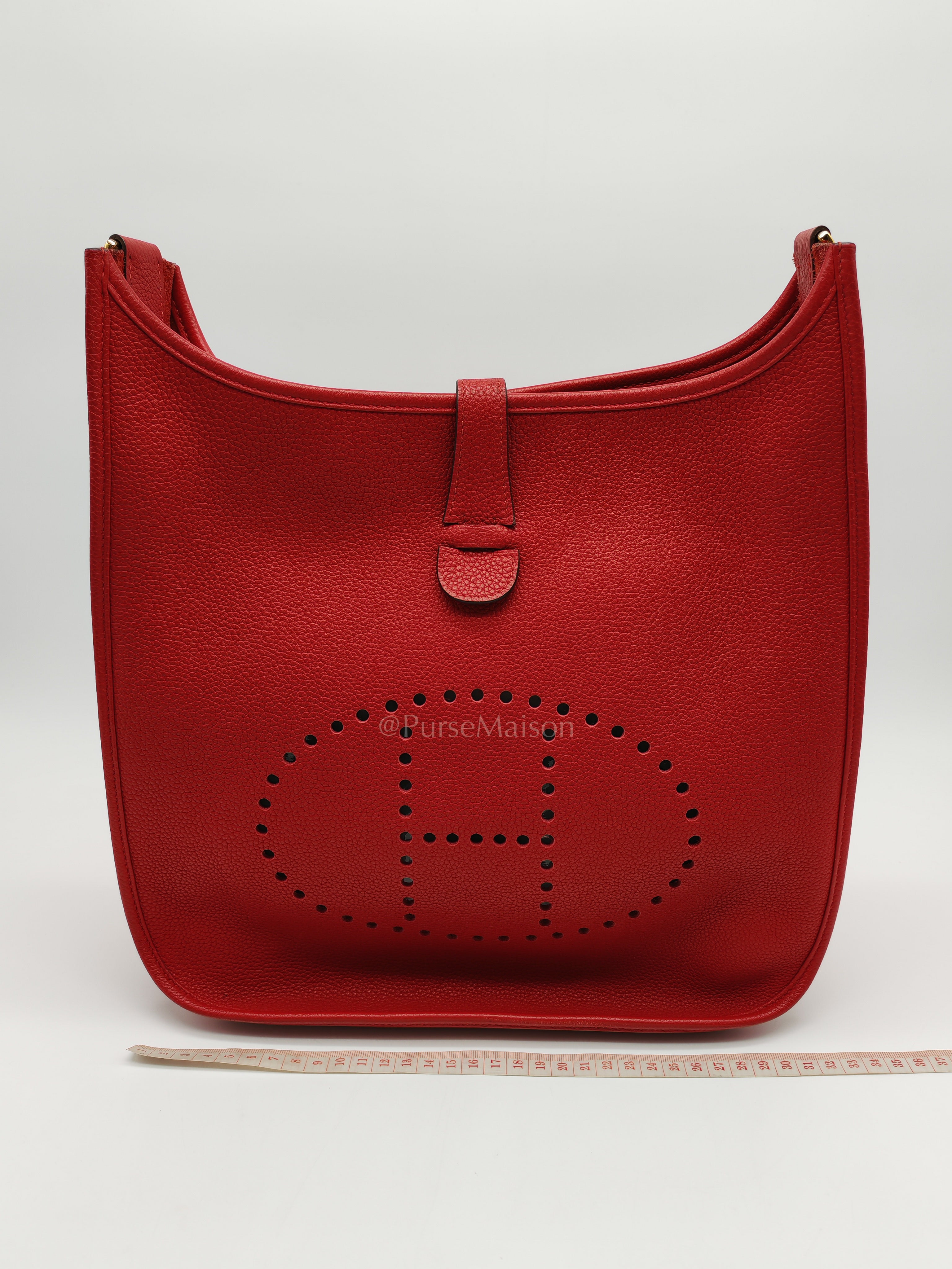 Evelyne GM in Red Celemce Leather and Gold Hardware Stamp U (2022) | Purse Maison Luxury Bags Shop