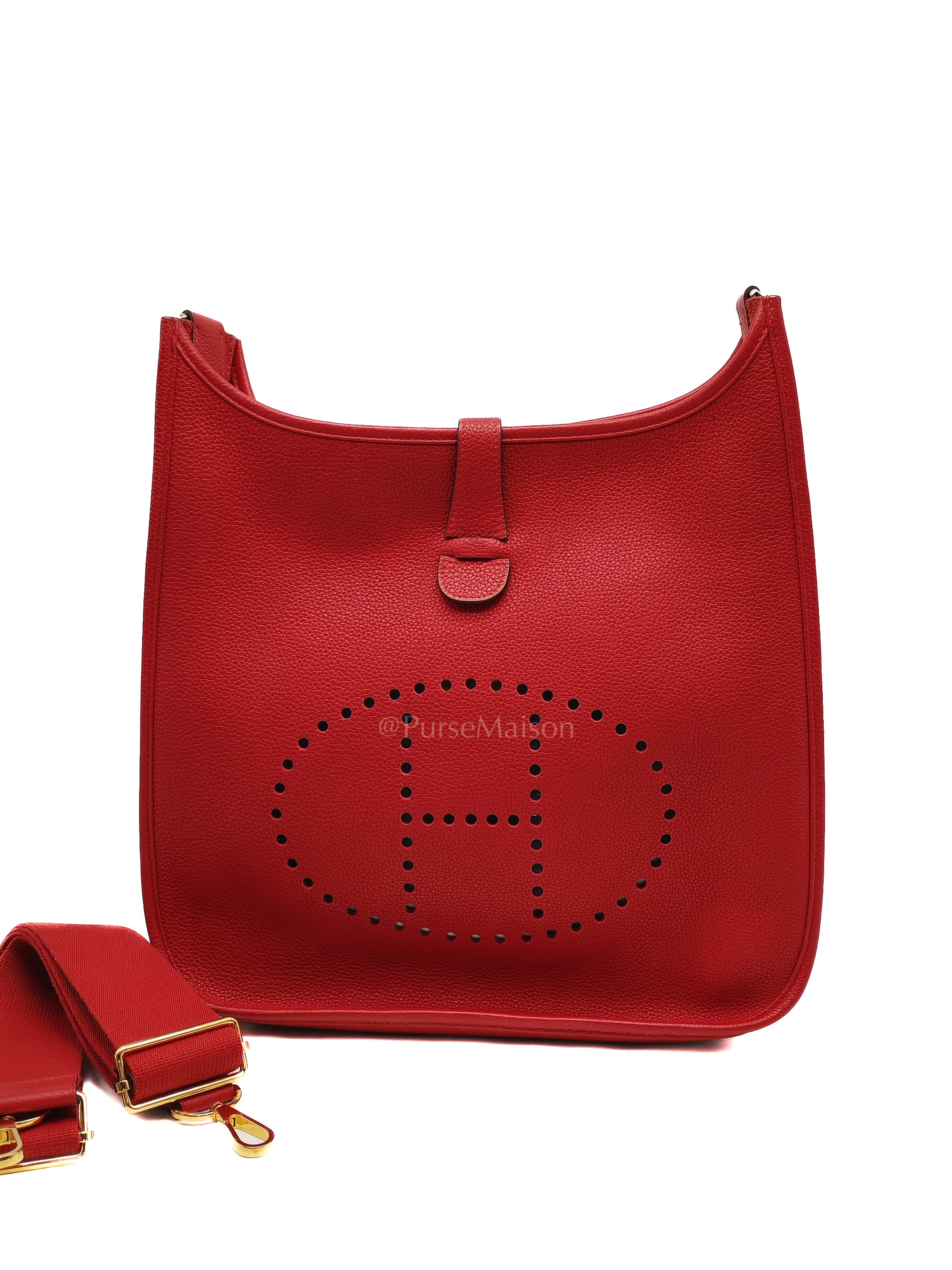 Evelyne GM in Red Celemce Leather and Gold Hardware Stamp U (2022) | Purse Maison Luxury Bags Shop