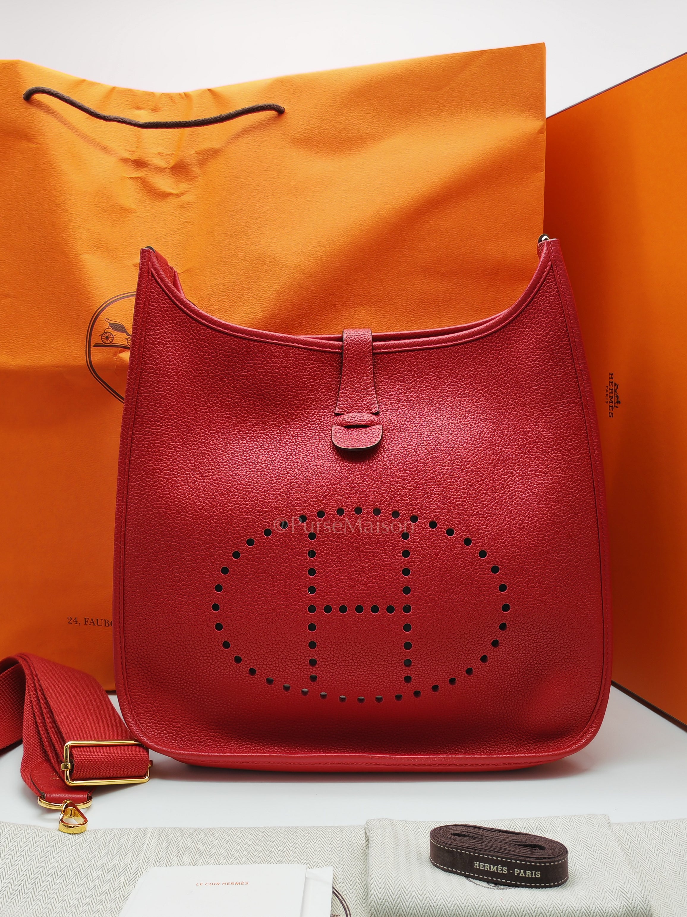 Evelyne GM in Red Celemce Leather and Gold Hardware Stamp U (2022) | Purse Maison Luxury Bags Shop