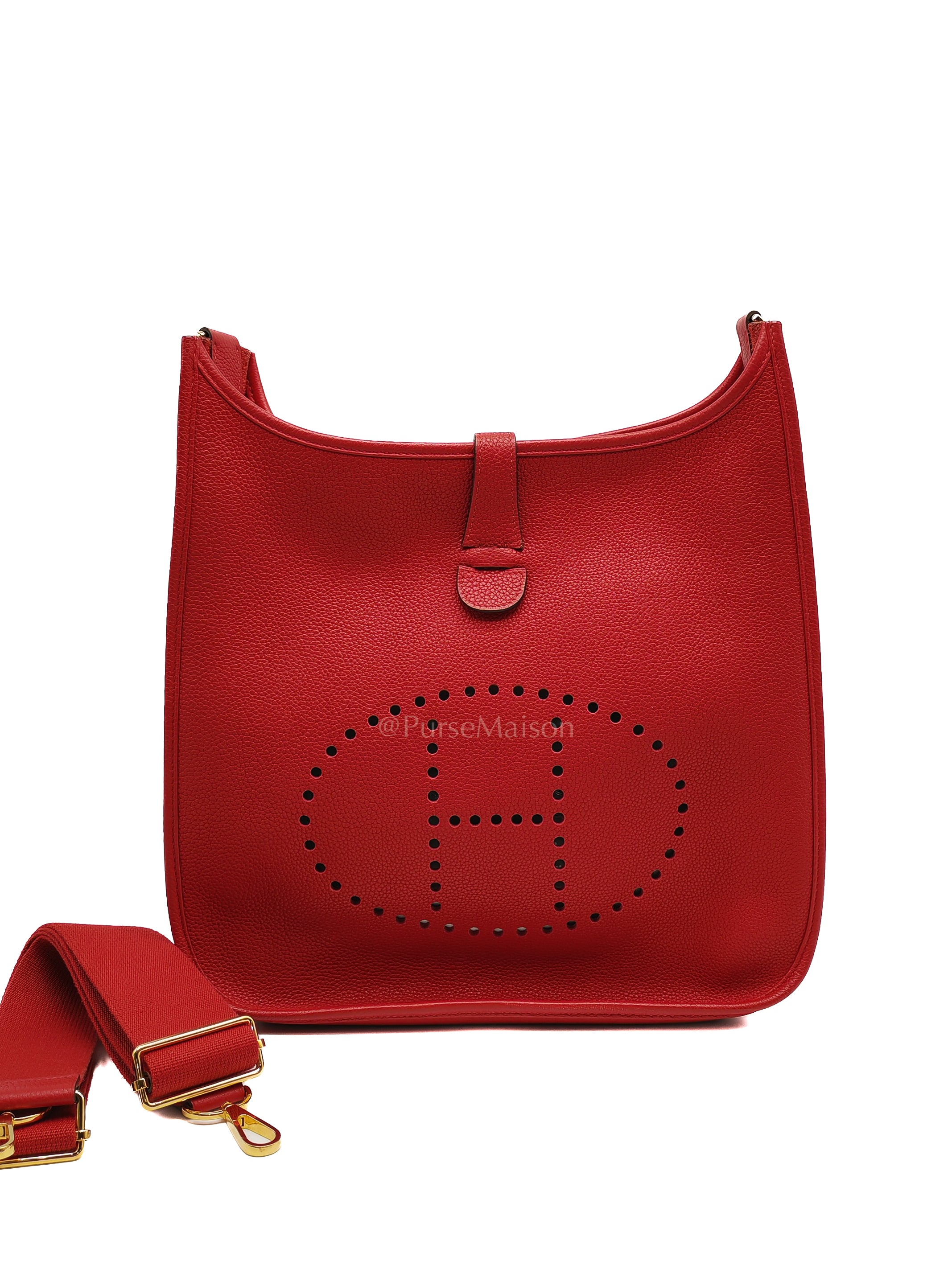 Evelyne GM in Red Celemce Leather and Gold Hardware Stamp U (2022) | Purse Maison Luxury Bags Shop