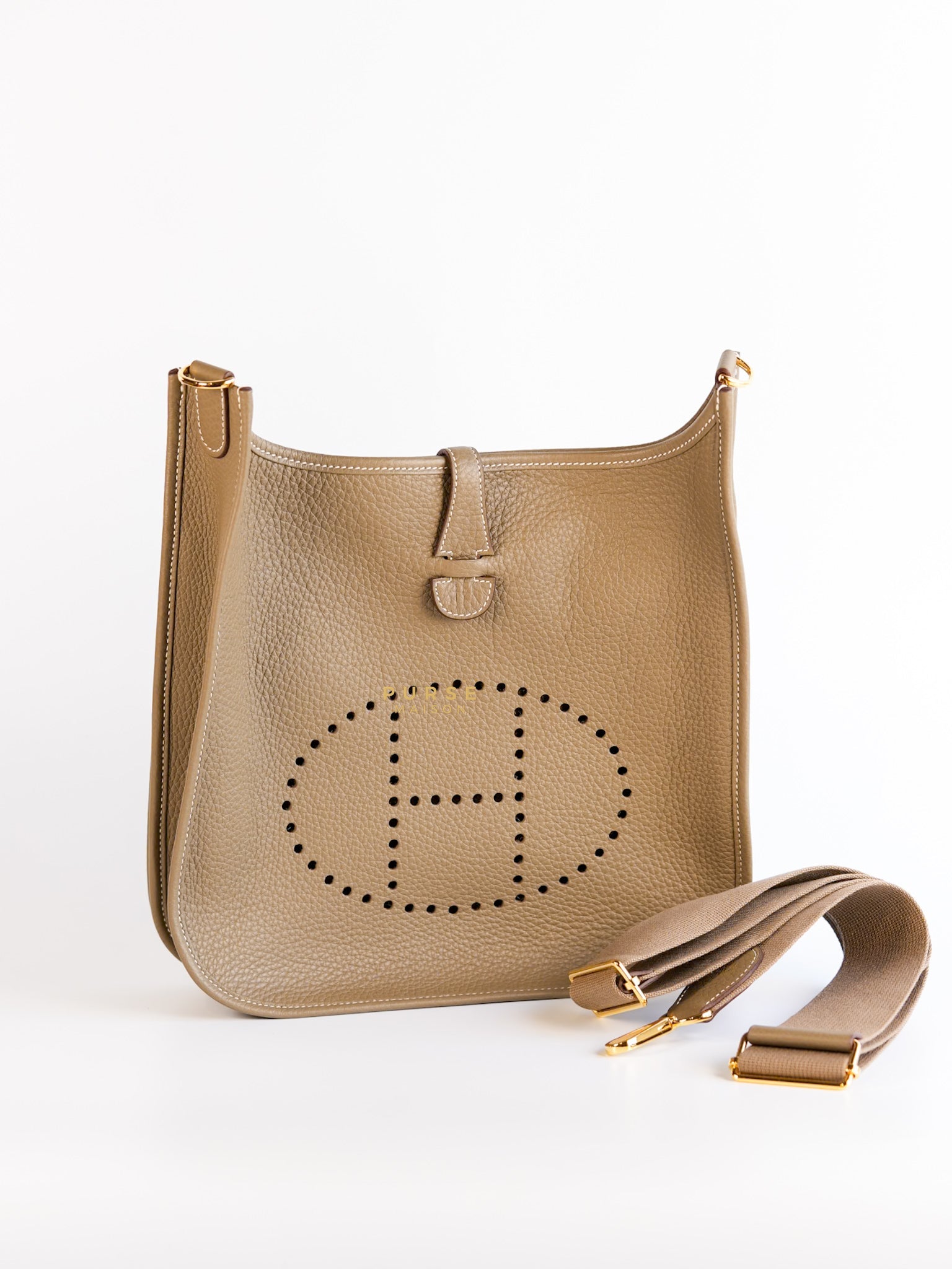 Evelyne III in Taurillion Clemence Etoupe and Gold Hardware Stamp W | Purse Maison Luxury Bags Shop