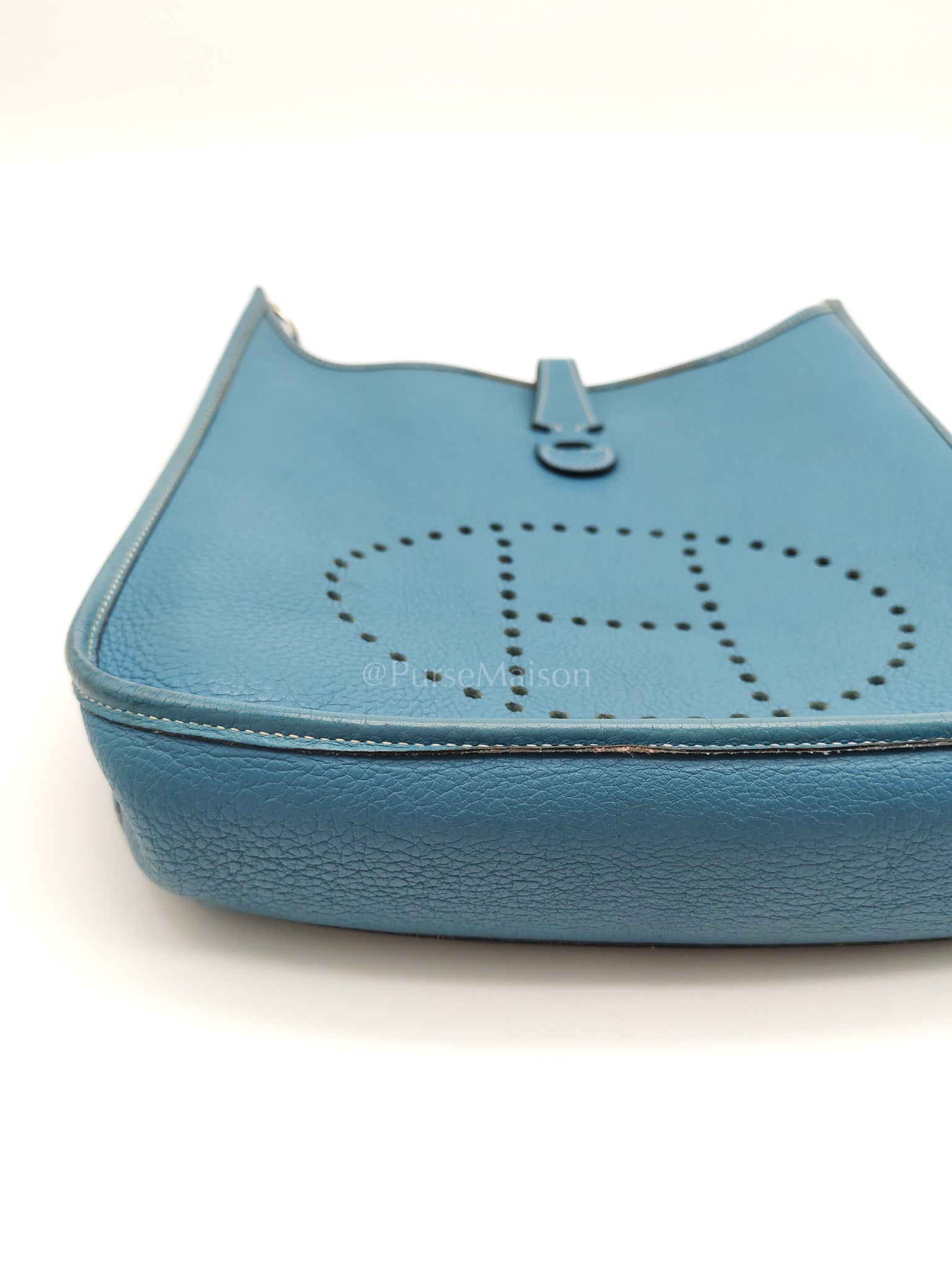 Evelyne PM Blue Jean in Clemence Leather and Palladium Hardware Stamp Square I (2005) | Purse Maison Luxury Bags Shop