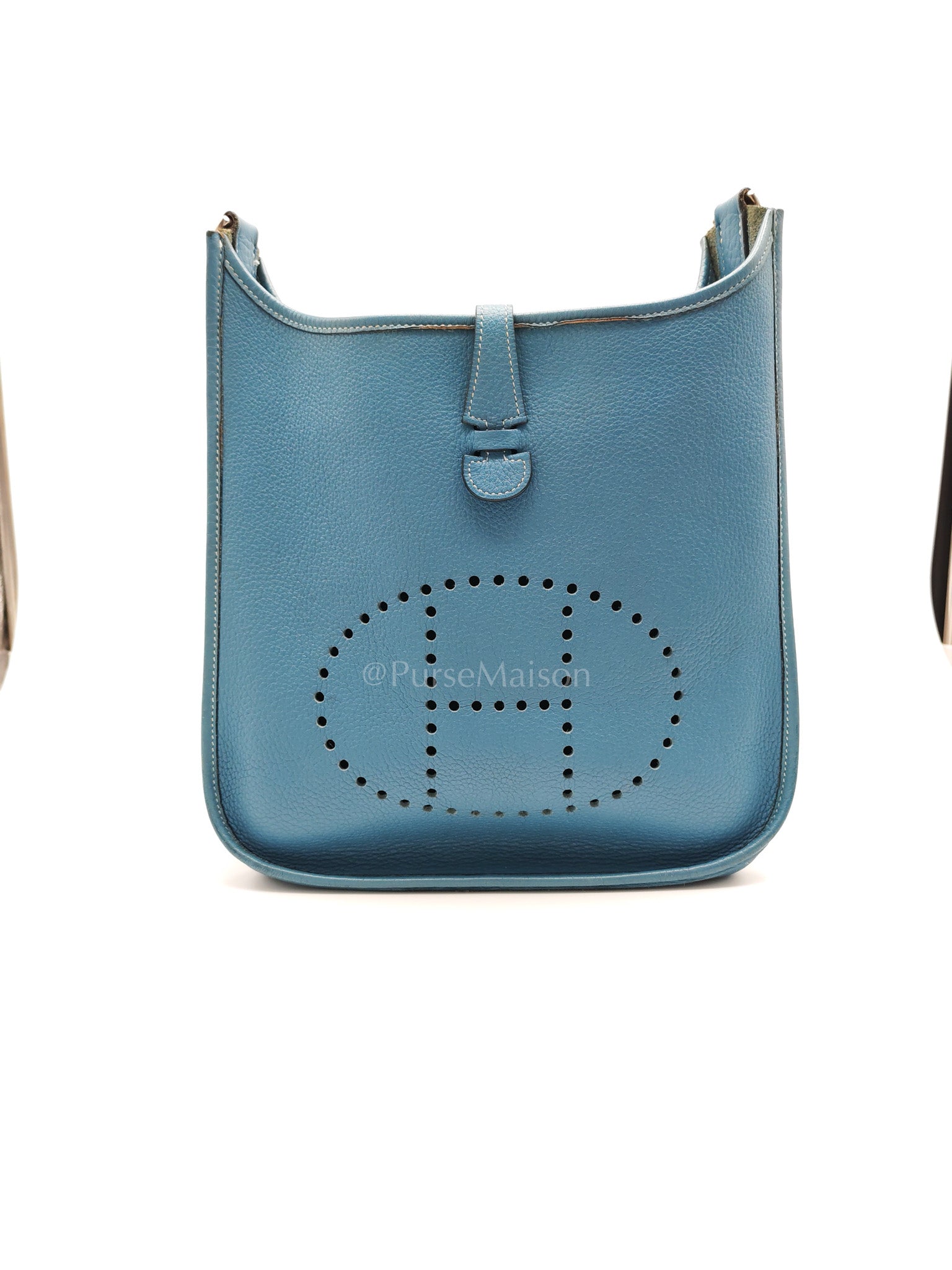 Evelyne PM Blue Jean in Clemence Leather and Palladium Hardware Stamp Square I (2005) | Purse Maison Luxury Bags Shop