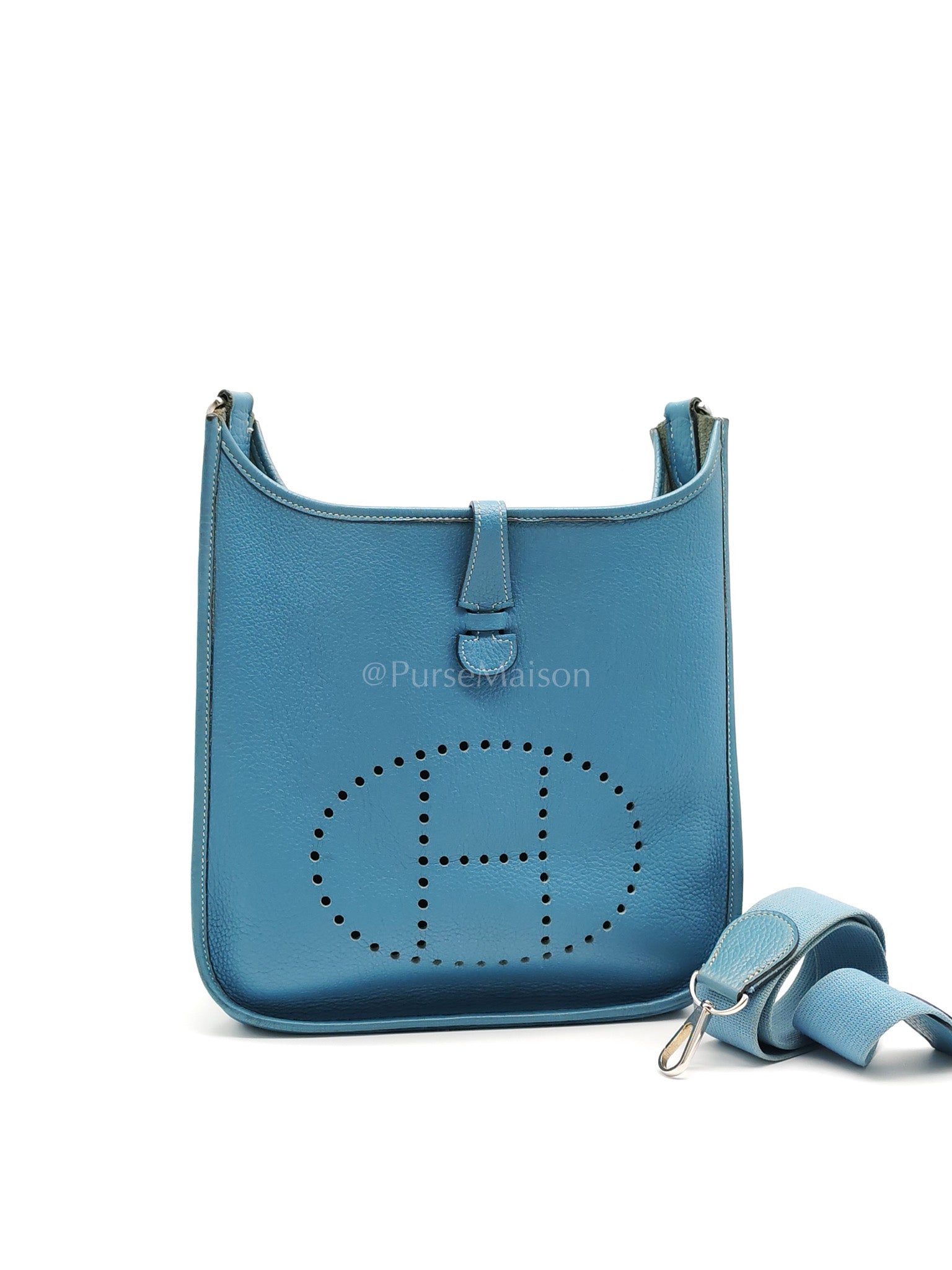 Evelyne PM Blue Jean in Clemence Leather and Palladium Hardware Stamp Square I (2005) | Purse Maison Luxury Bags Shop